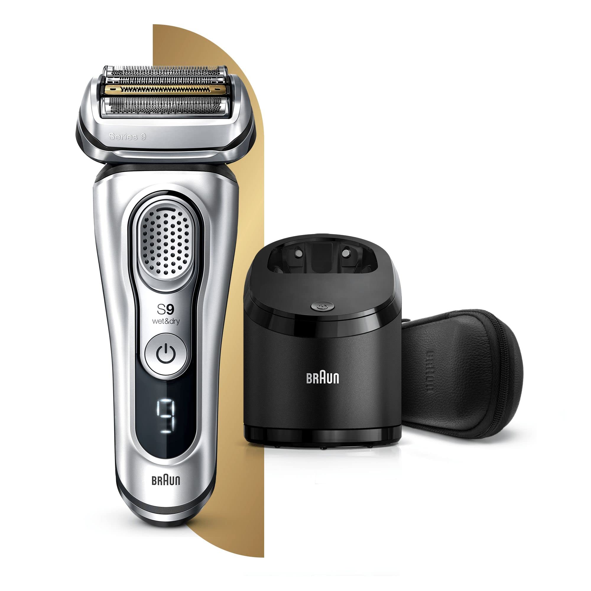 Braun Series 9 Electric Shaver for Men with Clean & Charge Station, Leather Case - 100% Waterproof, 2 Pin Bathroom Plug, Flawless Shaving - Perfect Gift for Dad, Husband, Boyfriend (Model 9390cc, Silver) - Ideal for Travel, Home Use & Wet/Dry Shaving