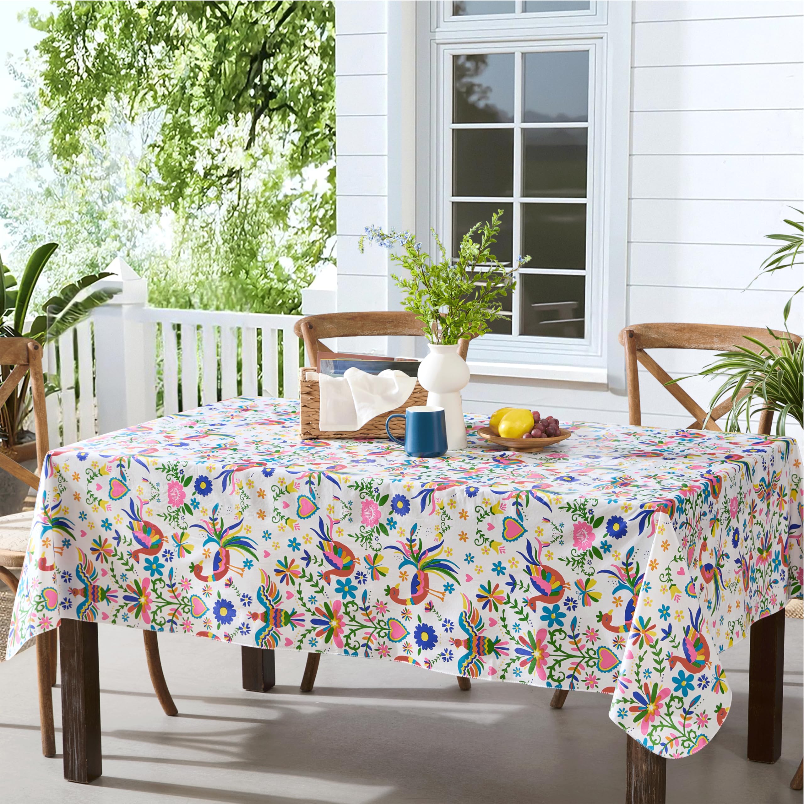 Newbridge Easter Animal Folk Print Vinyl Tablecloth with Flannel Backing - 52 x 70 Inch Rectangle Mexican Otomi Design (Birds, Hearts, Floral) - Waterproof & Wipe Clean Table Cover for Parties, Picnics, Barbecues, Easter Celebrations & Outdoor Dining