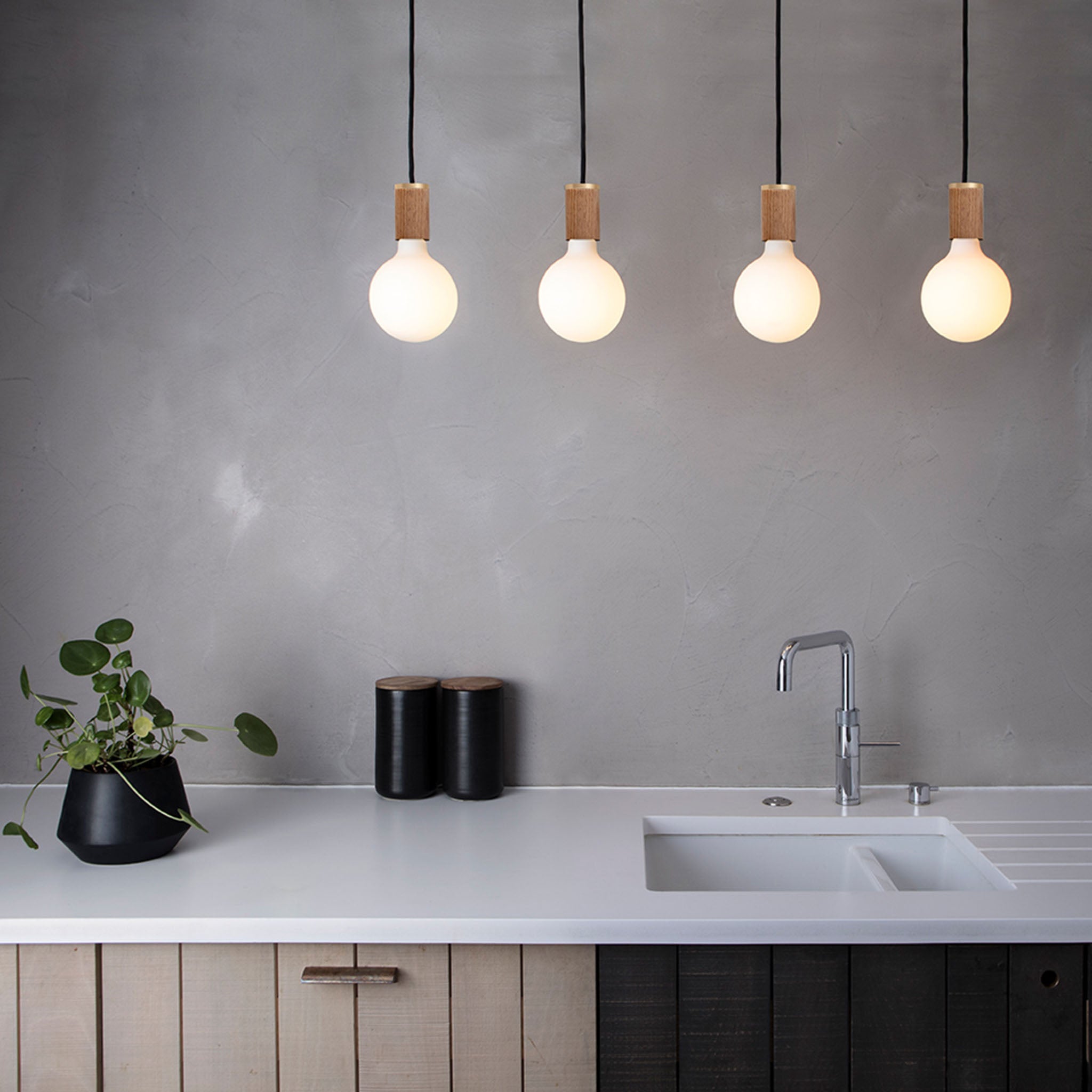 Porcelain III Pendant Light in Oak - Modern Hanging Light Fixture for Kitchen Island, Dining Room & Bedroom Lighting