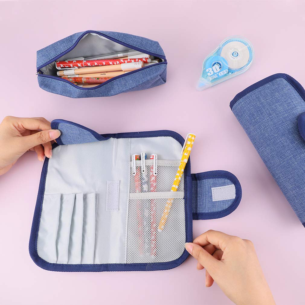 iSuperb Large Capacity Canvas Pencil Case - Removable Zipper Pouch for Stationery, Makeup & Cosmetics Organizer - Women's Denim Blue Storage Bag for School, Office & Travel Essentials