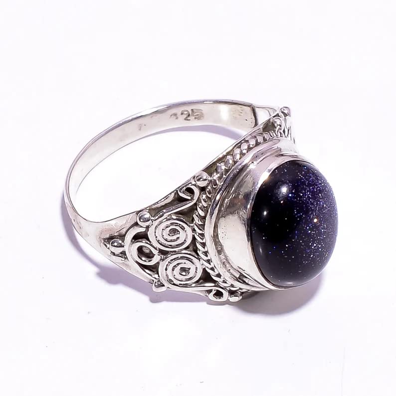 Blue Sandstone Ring for Women - 925 Sterling Silver Plated Oval Boho Jewelry with Sun Sitara Design | Handmade Bright Blue Sunstone Ring for Party Wear & Everyday Elegance | Perfect Gift for Birthdays, Anniversaries & Special Occasions