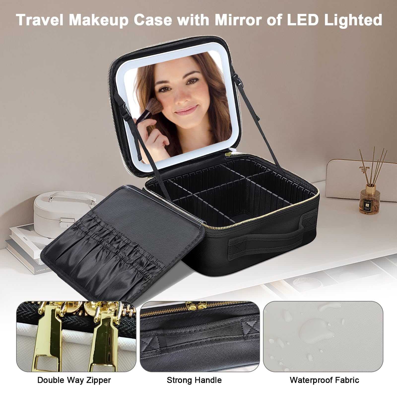 LED Lighted Travel Makeup Bag with Mirror - Waterproof Cosmetic Case for Travel & Home
