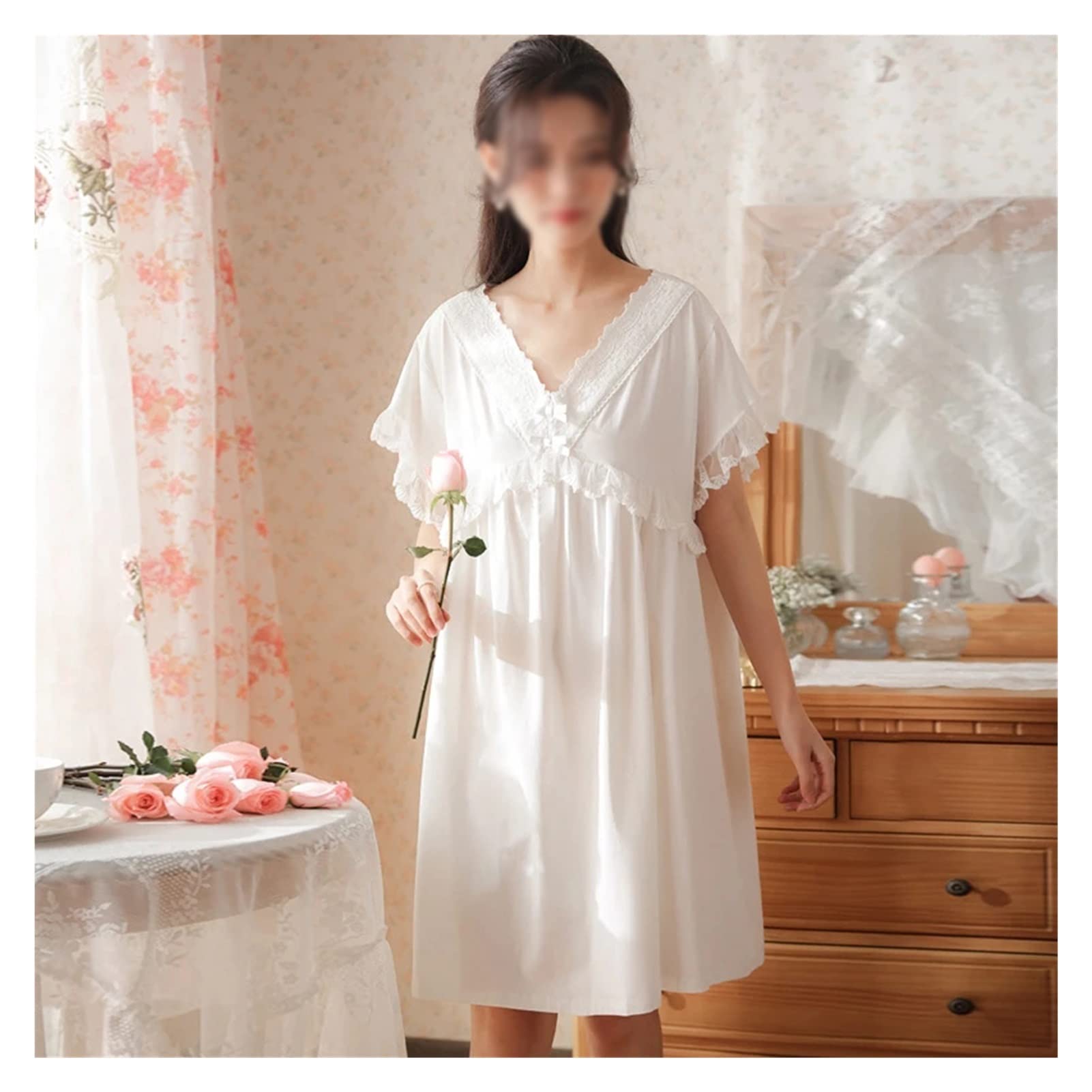 Sexy Cotton Lace Nightgown for Women - Summer Short Sleeve Sleepwear & Pajama Set - Comfortable Princess Style (Color A, Size L) - Perfect for Bedtime, Lounge Wear & Romantic Nights