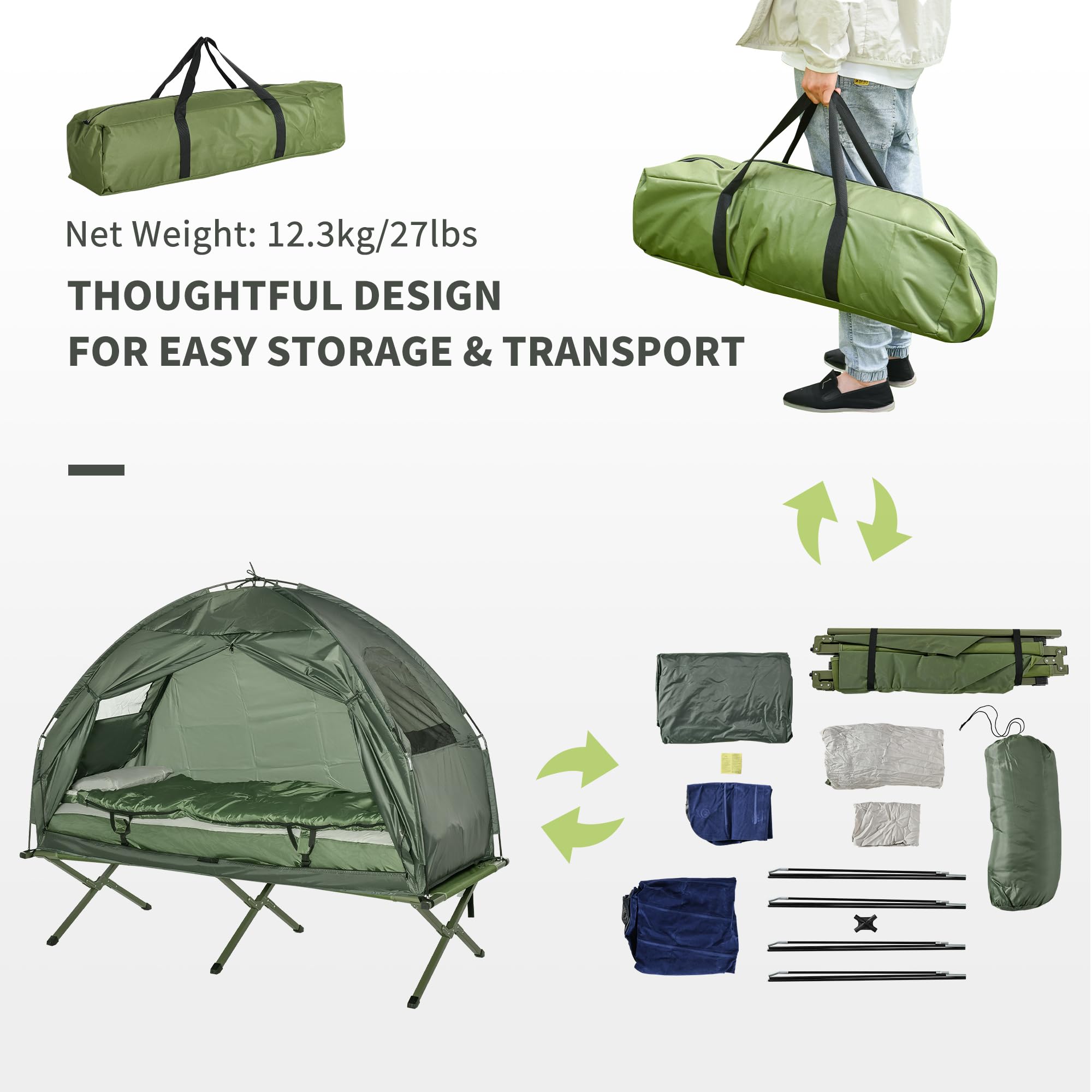 Outsunny Folding Camping Cot for Adults - Portable Single Sleeping Bed with Thick Air Mattress & Tent - Perfect for Backpacking, Hiking, and Outdoor Adventures