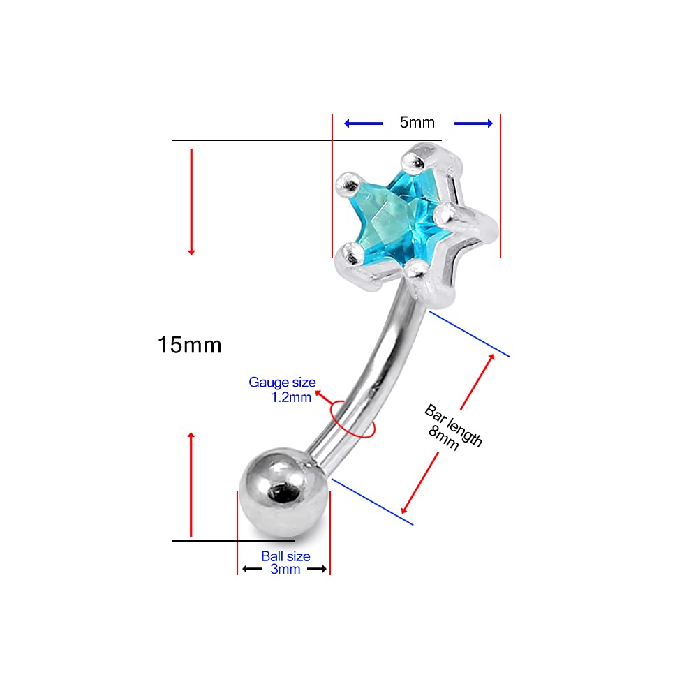AZARIO LONDON Light Blue Star CZ Stone Sterling Silver 16G Surgical Steel Banana Eyebrow Bar Piercing - Perfect for Eyebrow Piercing Jewelry, Body Modification & Alternative Fashion