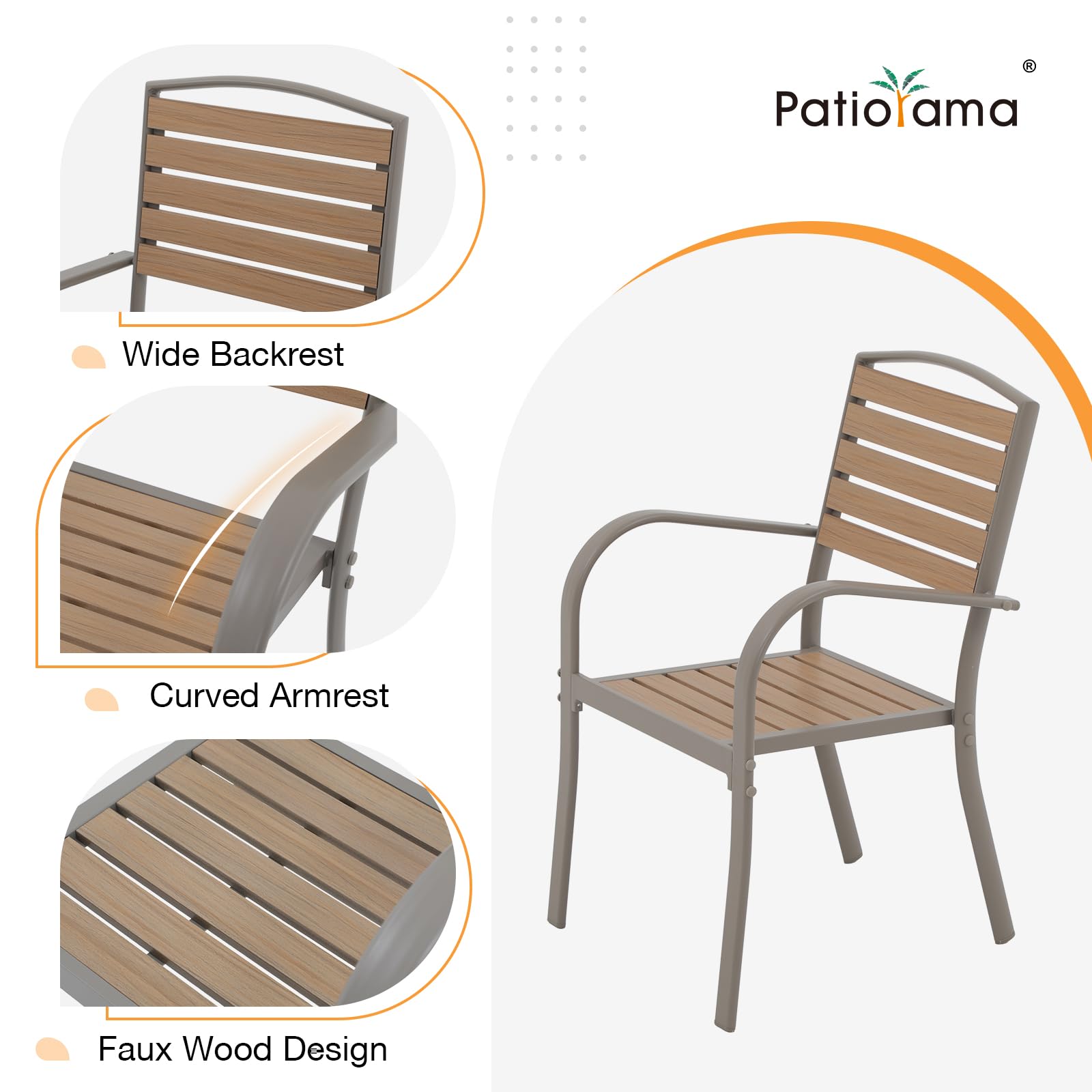Premium Aluminum Outdoor Dining Chairs Set of 2 - Stackable All-Weather Patio Chairs with Armrests, Faux Wood Finish in Teakwood Brown - Perfect for Backyard, Garden, Restaurant & Bistro Settings