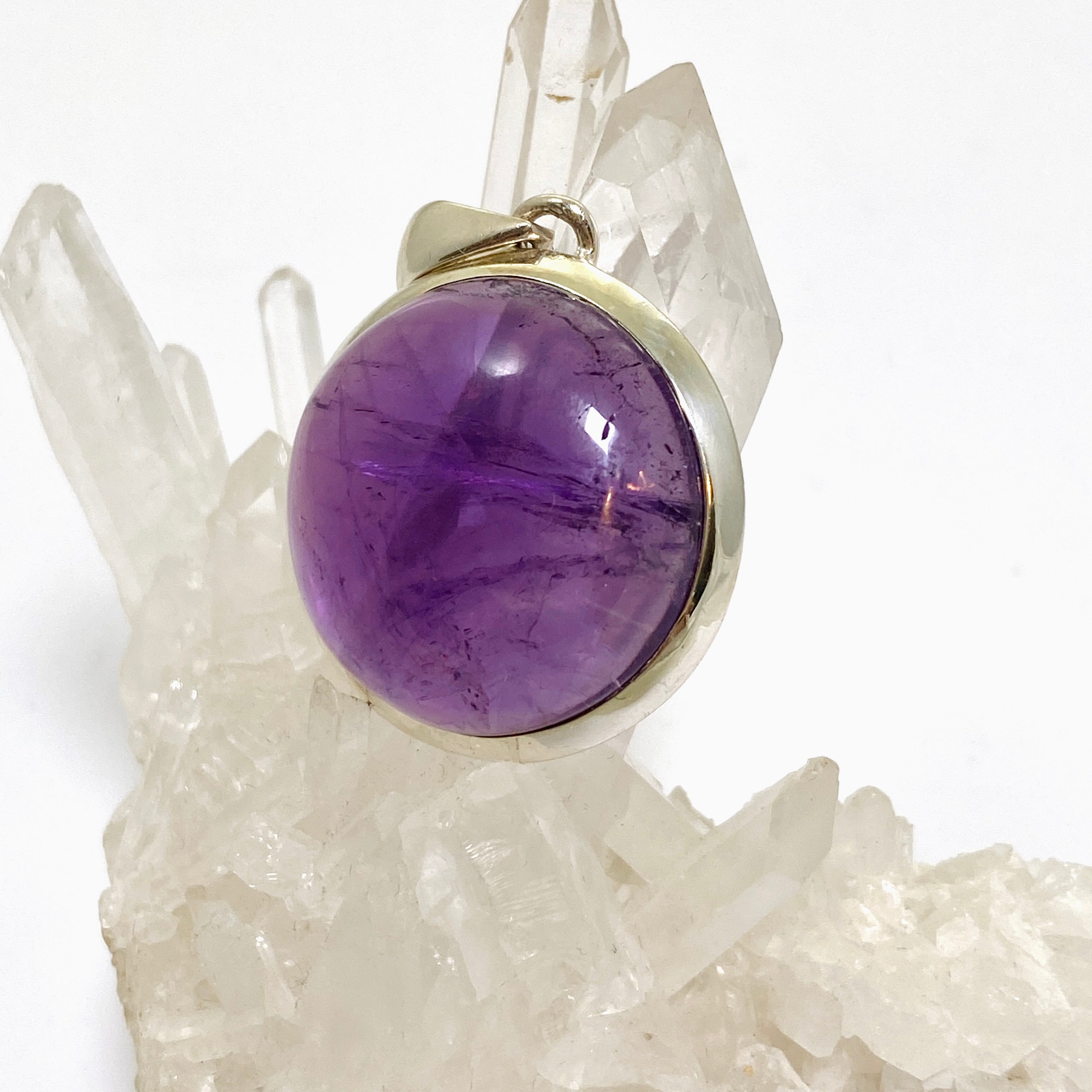 Natural Amethyst Round Cabochon Pendant Necklace - 925 Sterling Silver Jewelry for Women, Healing Crystal Gift for Meditation & Spiritual Protection