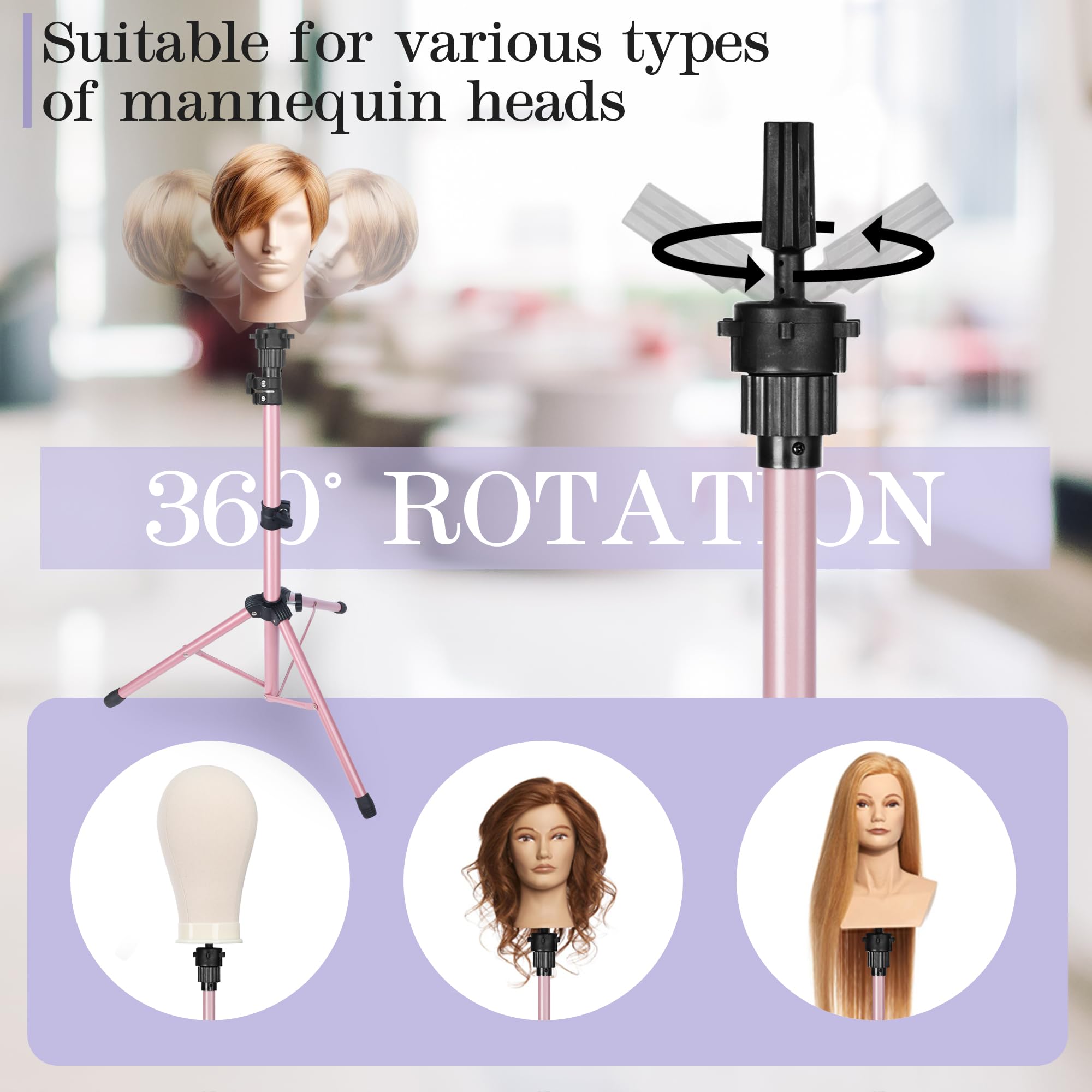 Adjustable Wig Stand Tripod - Mannequin Stand for Cosmetology & Hairdressing Training - Pink (Mannequin Head Not Included) - Perfect for Salon Styling, Wig Making & Beauty School Practice