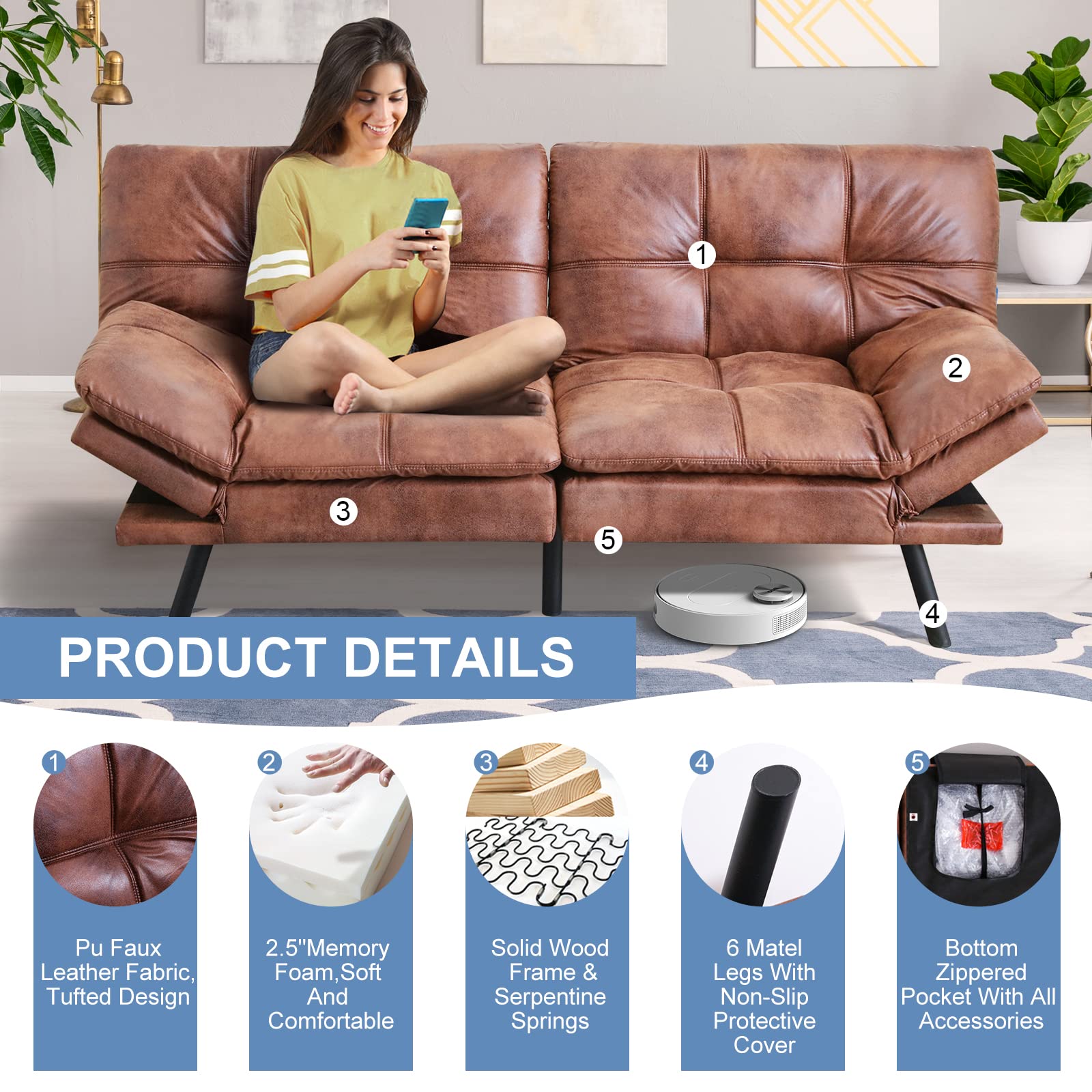MUUEGM Convertible Futon Sofa Bed - Faux Leather Memory Foam Sleeper Couch with Removable Armrests, Modern Daybed for Small Spaces, Brown | Perfect for Living Rooms, Guest Rooms & Compact Apartments