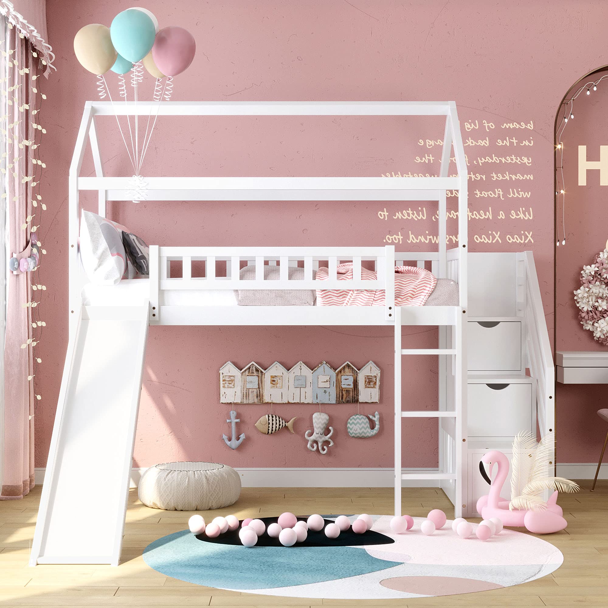 Kids Loft Bed with Slide & Storage Stairs - Twin Size Wooden House Bed Frame with Roof & Safety Guardrails for Boys, Girls & Teens (White) - Perfect for Small Bedrooms, Playrooms & Kids' Dream Spaces