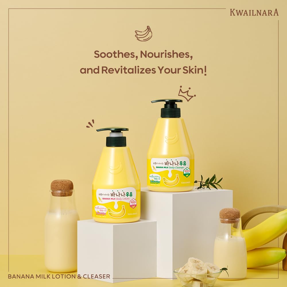 WELCOS Kwailnara Banana Milk Body Lotion & Body Wash Set – Hydrating Korean Skincare with Natural Banana Extract, 19.75oz Each | Moisturizing & Soothing for Dry Skin | Perfect for Daily Shower & Skincare Routine