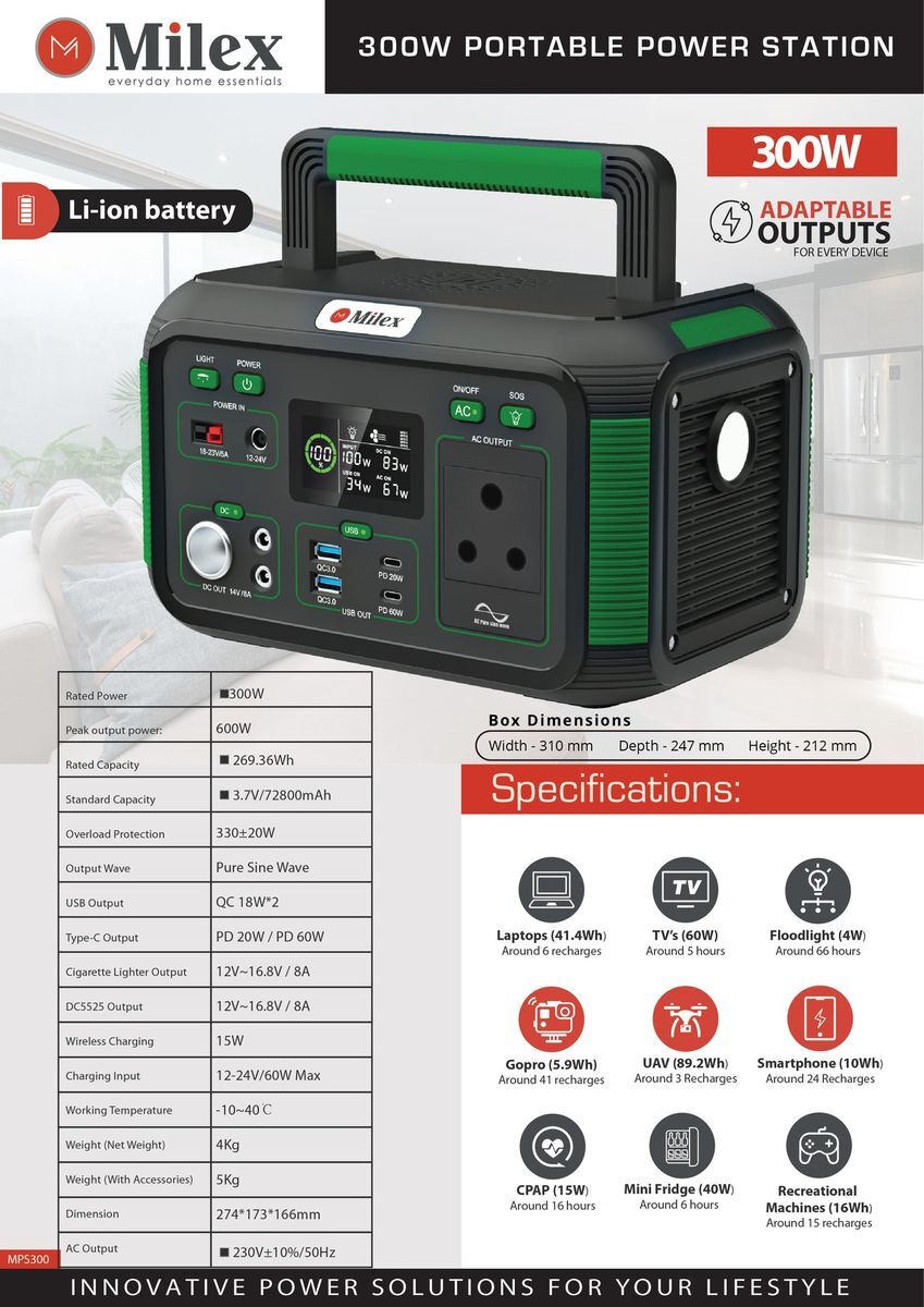 Milex 300W Portable Power Station - Solar Generator for Camping, Outdoor Adventures & Emergency Backup Power - Compact Lithium Battery with AC Outlets, USB Ports & LED Light