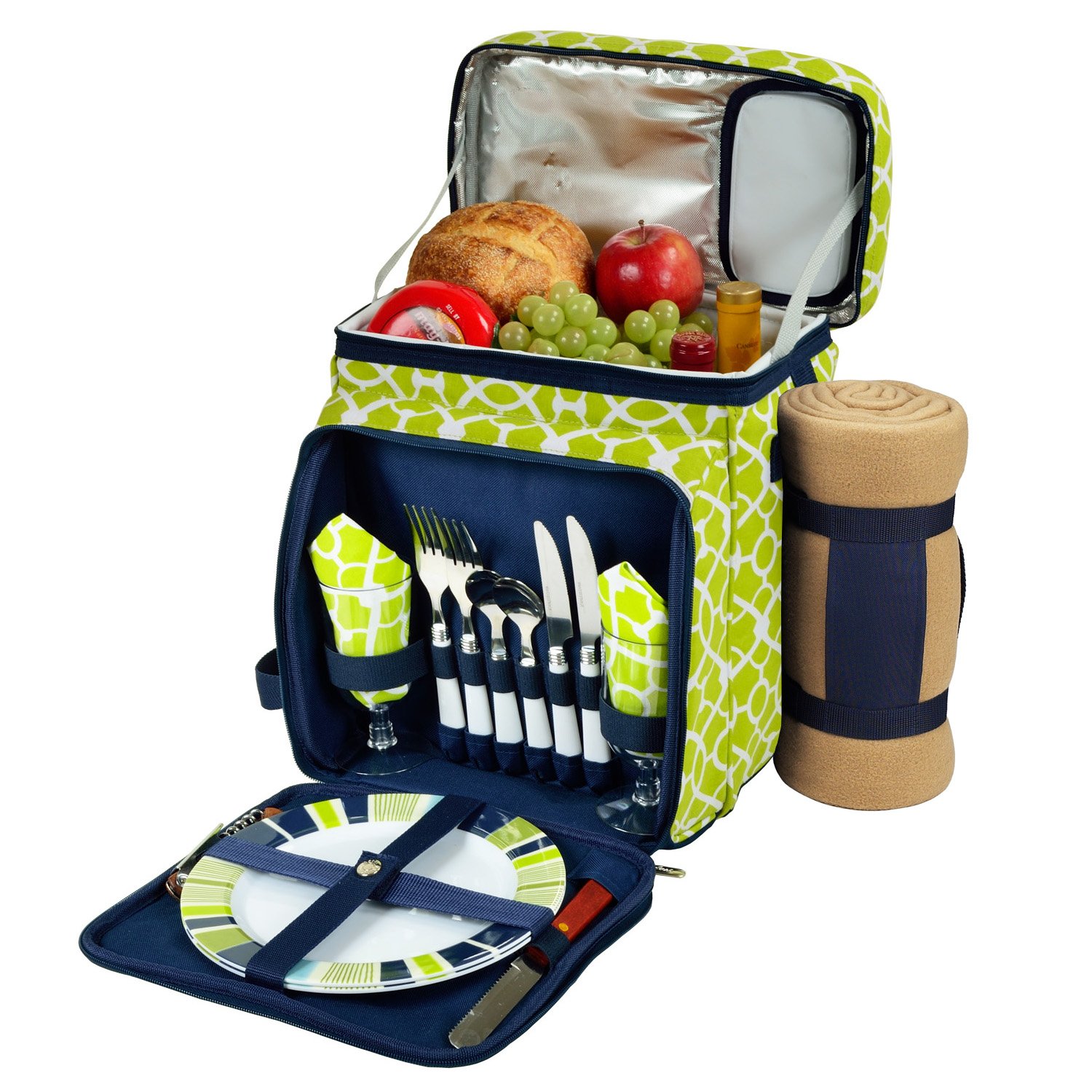 Picnic at Ascot Insulated Picnic Basket Set with Cooler & Blanket - Trellis Green | Portable Outdoor Picnic Gear for Park, Beach, Camping & Tailgating