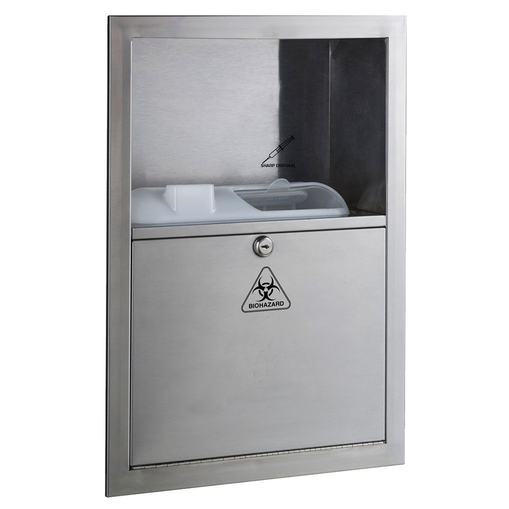 Bobrick B35016 1.35 Gallon Recessed Sharps Disposal Container - Satin Finish | Wall-Mounted Needle Disposal for Medical Offices, Clinics & Hospitals