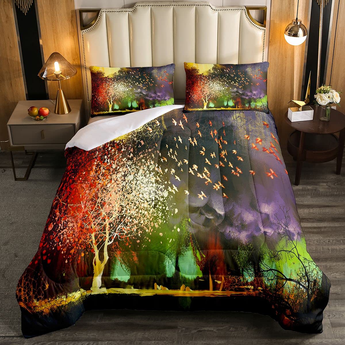 Feelyou Fantasy Soft Comforter Set - Mysterious Trees & Birds Supernatural Design, Vivid Wonder World Bedding Decor for Kids (Yellow, Purple, Red) - 3 Piece Queen Size Set with 2 Pillowcases - Perfect for Kids' Bedrooms, Guest Rooms & Fantasy Themed Decor