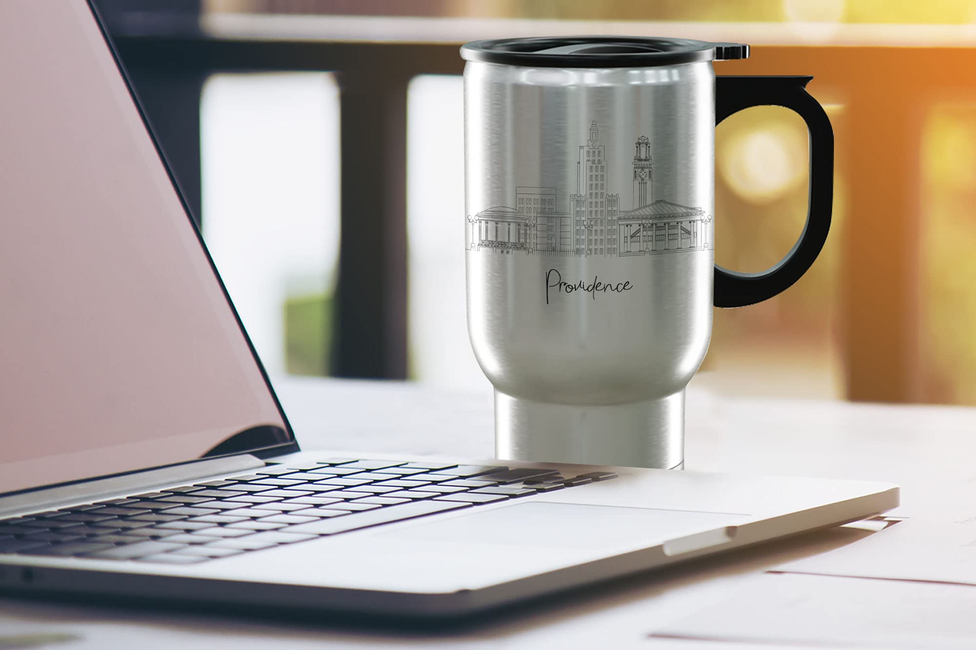 TJ Originals - 14oz Stainless Steel Travel Mug with Handle | Providence Skyline Design | Insulated Coffee Cup for Hot & Cold Drinks | Perfect Travel Souvenir & City-Themed Gift for Coffee Lovers | Ideal for Commuting, Camping and Office Use