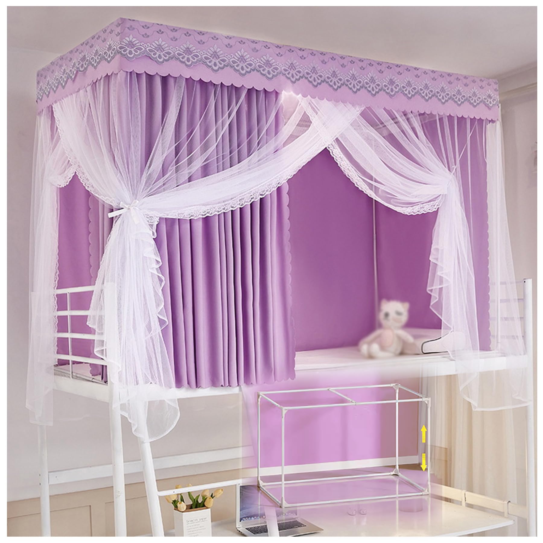 Purple 47.2in (120cm) 4-Post Canopy Bed Curtain Set for Twin Bunk Beds - Dorm Room Privacy Canopy with Sturdy Frame Poles - Perfect for College Dormitories, Kids' Rooms & Privacy Bed Tents
