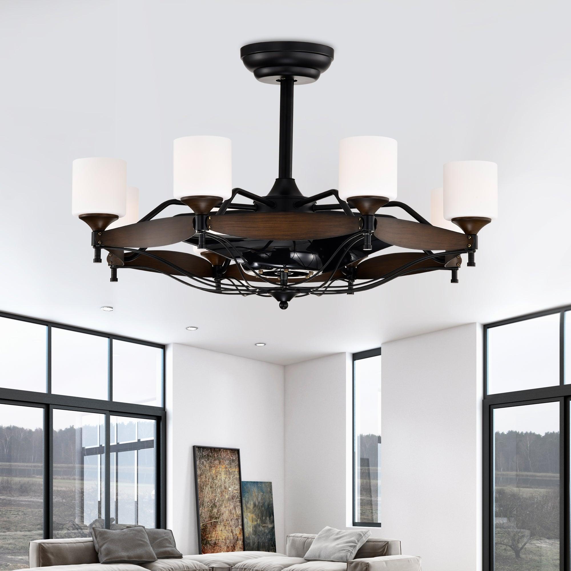 33 Inch Matte Black & Red Wood Grain Chandelier Ceiling Fan with Remote Control - DC Motor, 6 Speed Settings, 3 ABS Blades for Bedroom, Dining Room, Living Room, Kitchen, Farmhouse & Entryway | Perfect for Modern and Rustic Home Decor