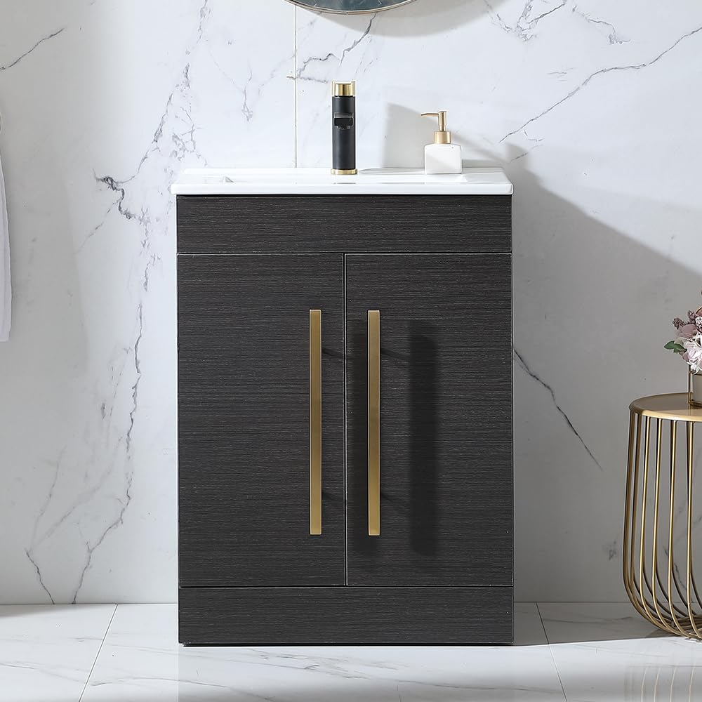 24 Inch Modern Bathroom Vanity with Sink - Small Space Black & Grey Cabinet with 2 Doors & Gold Handles | Perfect for Compact Bathrooms, Powder Rooms & Apartment Renovations