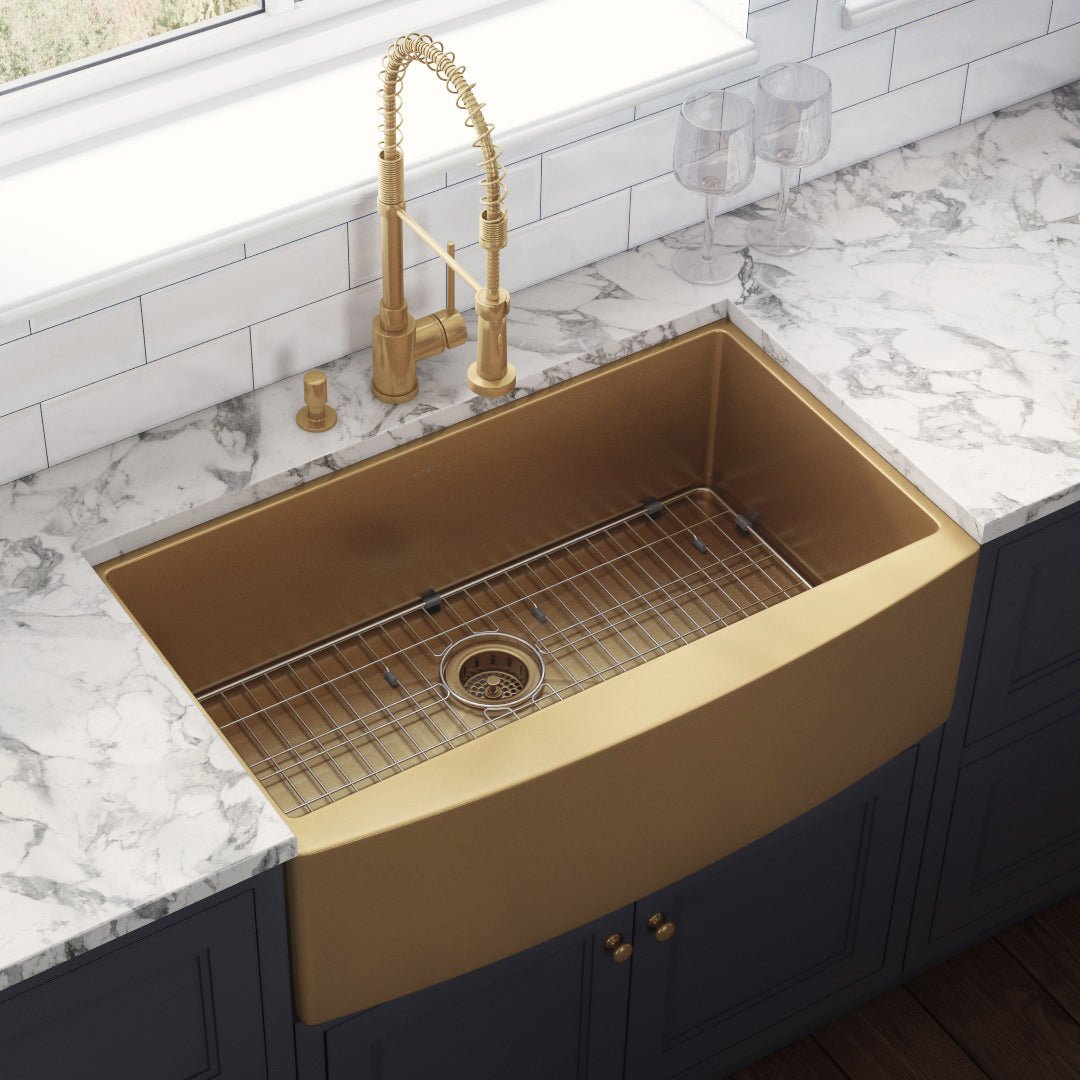 36 Inch Apron Front Farmhouse Kitchen Sink - Brass Tone Matte Gold Stainless Steel Single Bowl for Modern Farmhouse & Rustic Kitchen Decor | Perfect for Cooking, Washing Dishes & Food Prep