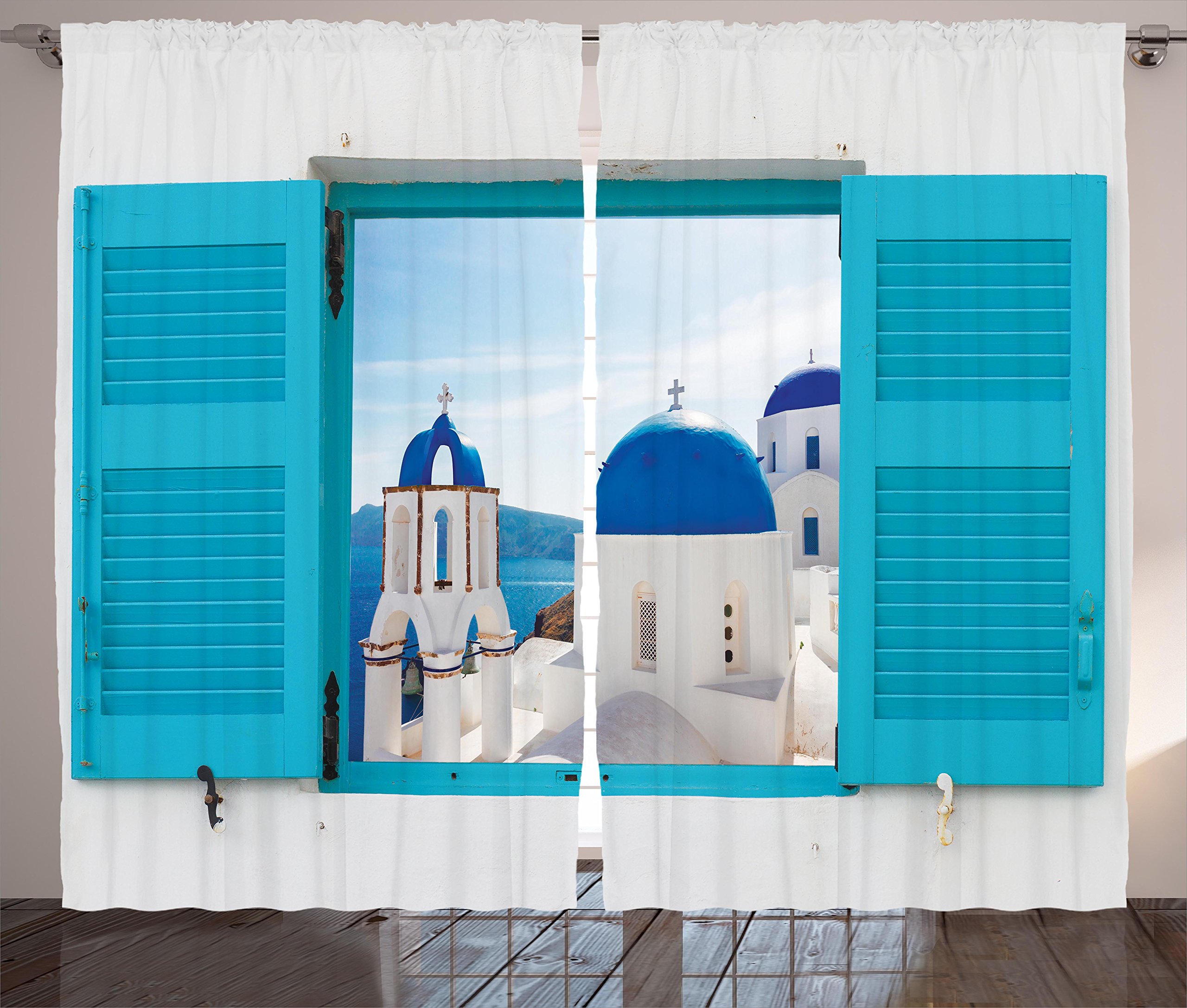 Ambesonne Landscape Curtains - Classical Greek Building Domes Oia Santorini Travel Theme, 2 Panel Window Drapes for Living Room & Bedroom, 108