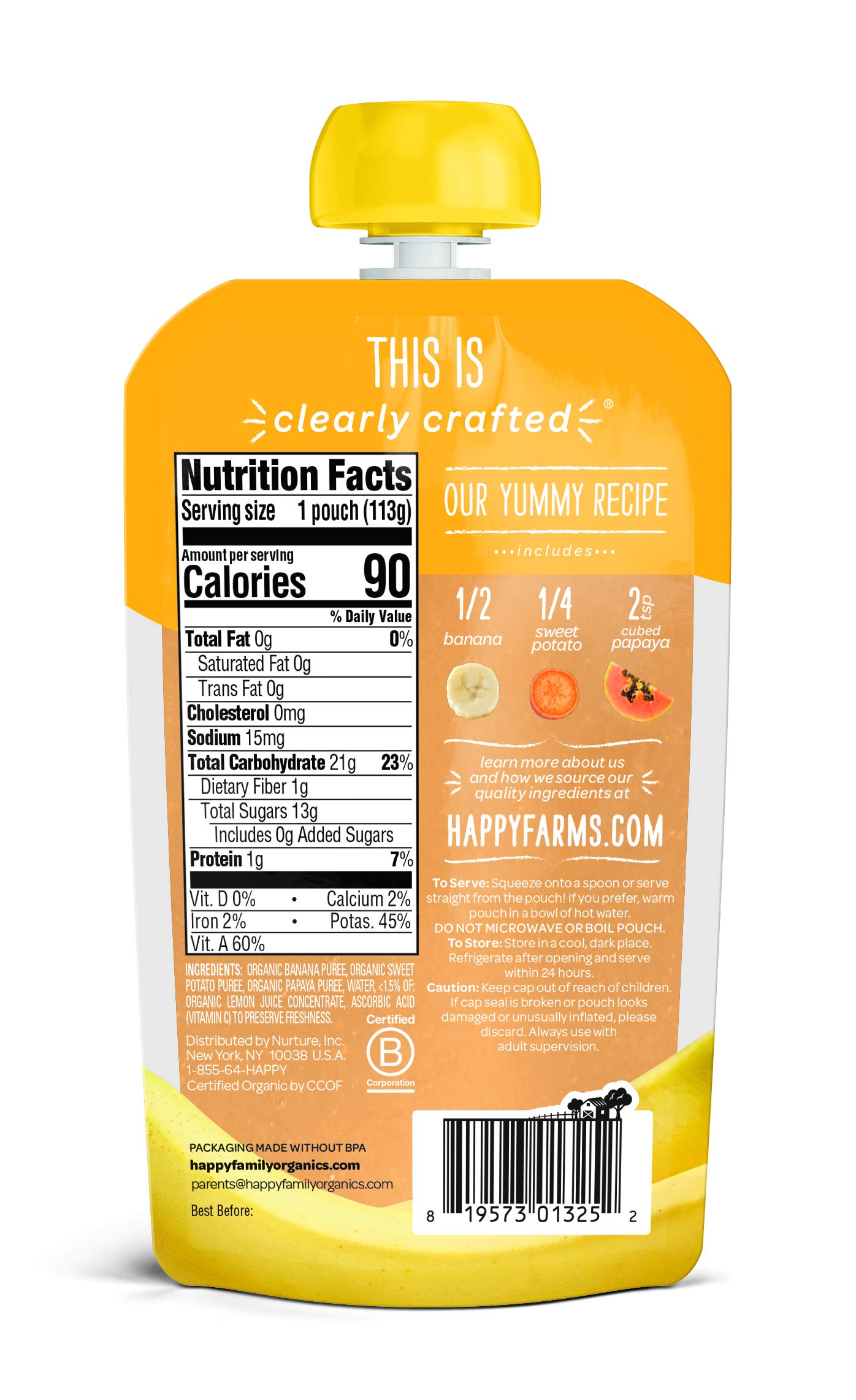 Happy Baby Organic Baby Food - Bananas, Sweet Potatoes & Papayas, 4 Oz Pouch | USDA Certified, Non-GMO, No Added Sugar | Perfect for On-the-Go Feeding, Travel & Snack Time