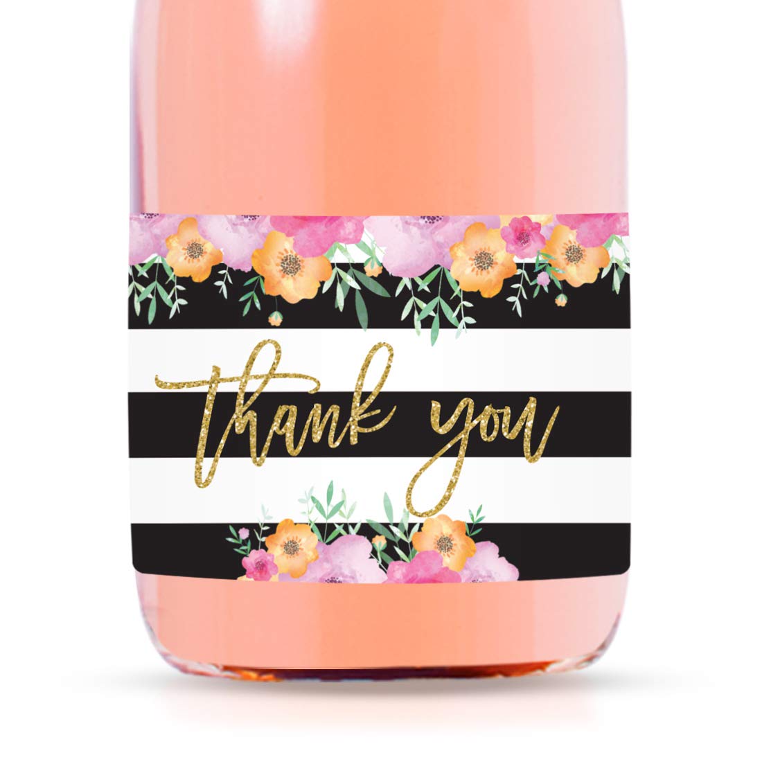 Mini Champagne Wine Bottle Labels - 20-Pack Thank You Gift Tags for Baby Shower, Bridal Shower & Bachelorette Party | Elegant Black White Stripes Floral Design | Perfect for Wedding Favors, Birthday Celebrations & Special Events