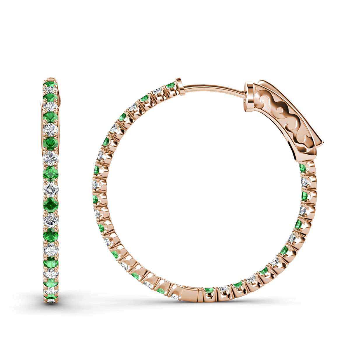 14K Rose Gold Green Garnet & Natural Diamond Inside-Out Hoop Earrings 2.93 ctw - Elegant Jewelry for Women, Perfect for Weddings, Parties & Special Occasions
