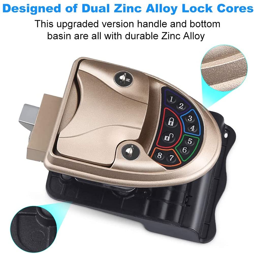 RV Keyless Entry Door Lock with Backlit Keypad - Smart Handle Latch & Deadbolt Security System - 20M Remote Control - Durable Zinc Alloy Construction (Gold) - Perfect for Camper Trailers, Motorhomes & Travel Trailers