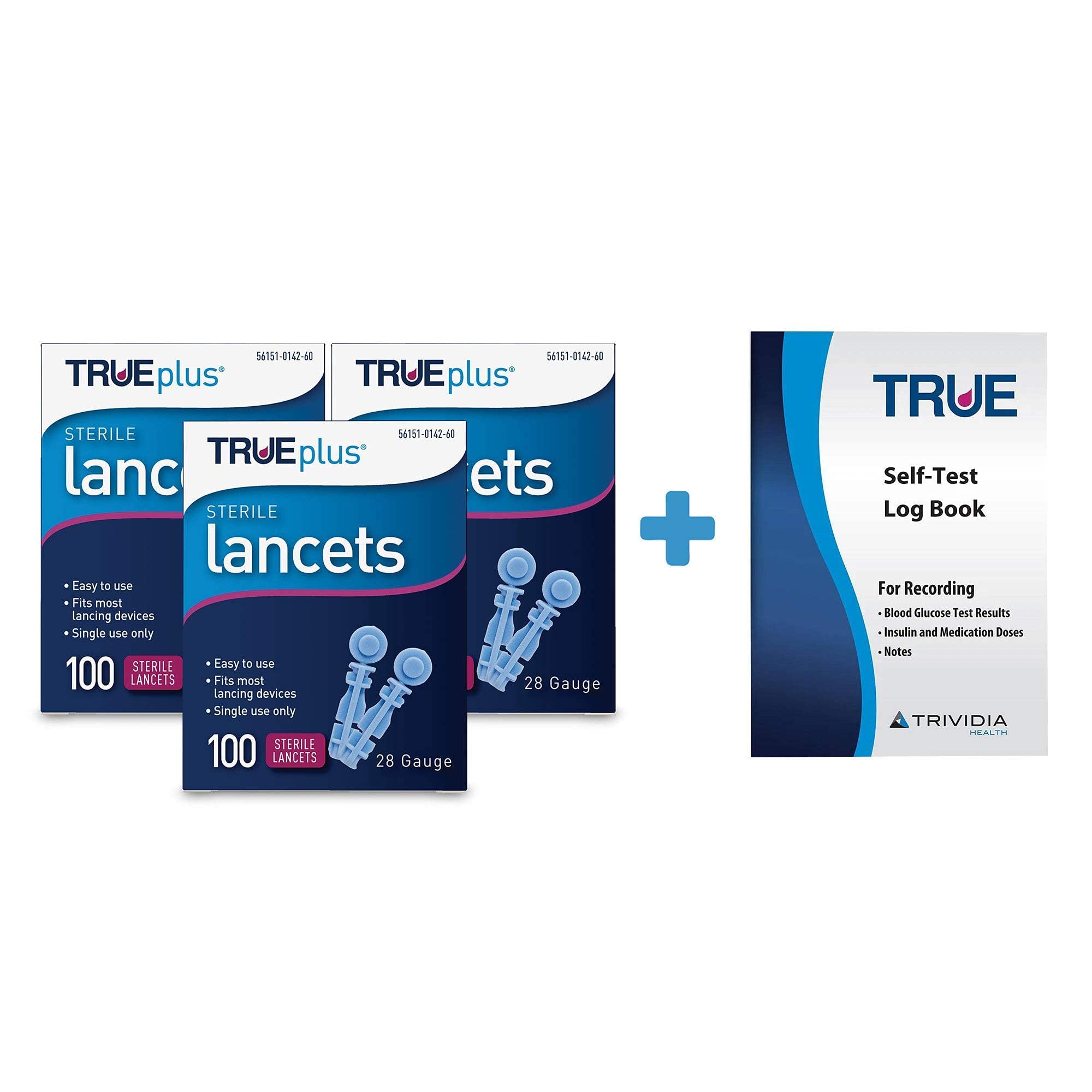 3X 100ct TRUE METRIX Blood Glucose Test Strips + 3X 100ct 28g TRUEplus Lancets + TRUEplus Diabetes Log Book Kit - Accurate Testing for Diabetics at Home, Travel & Clinic Use