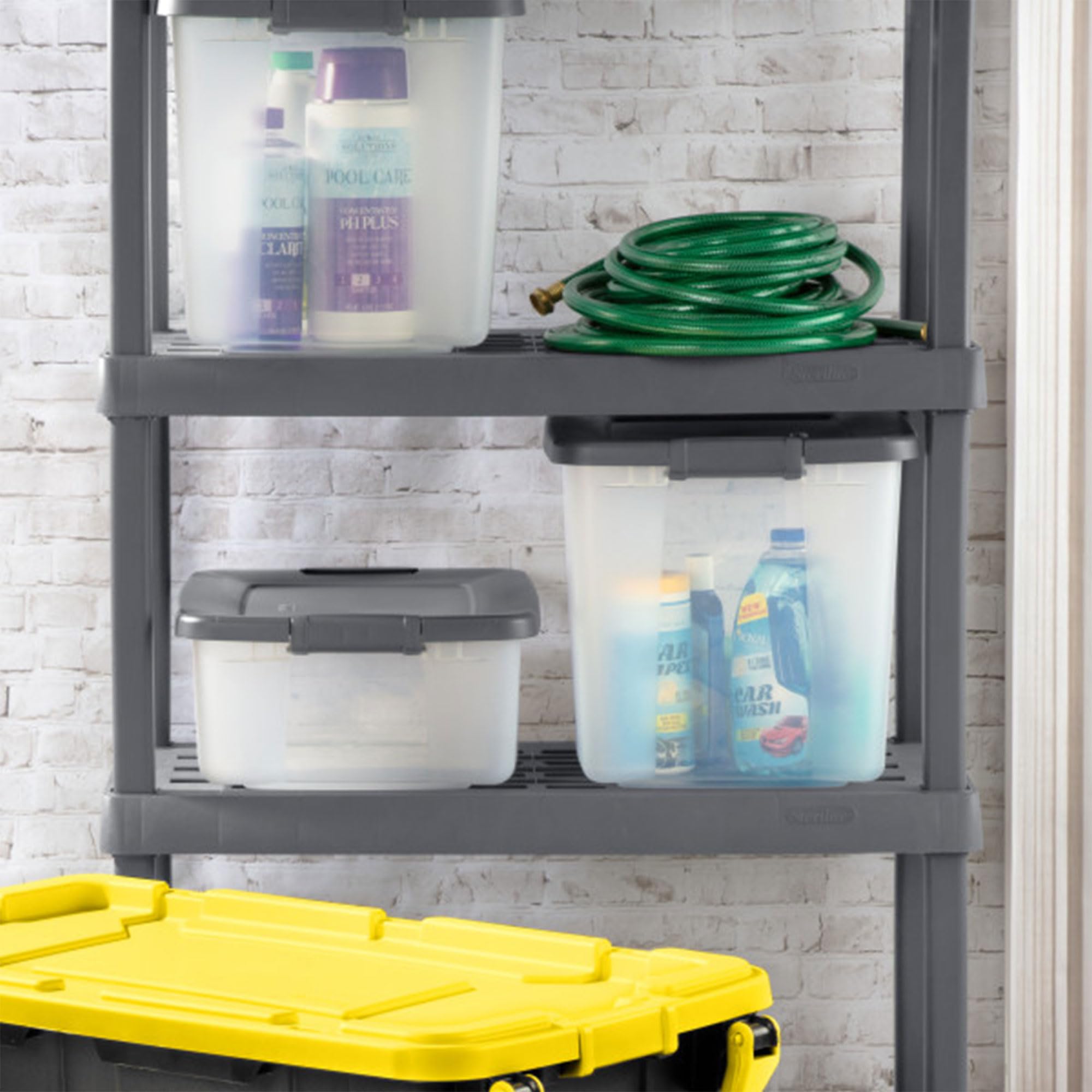 Sterilite 12-Pack 25 Qt Clear Plastic Storage Bins with Lids - Stackable Shelf Totes for Home Organization, Closet, Pantry & Office Supplies Storage - Durable Gray Containers