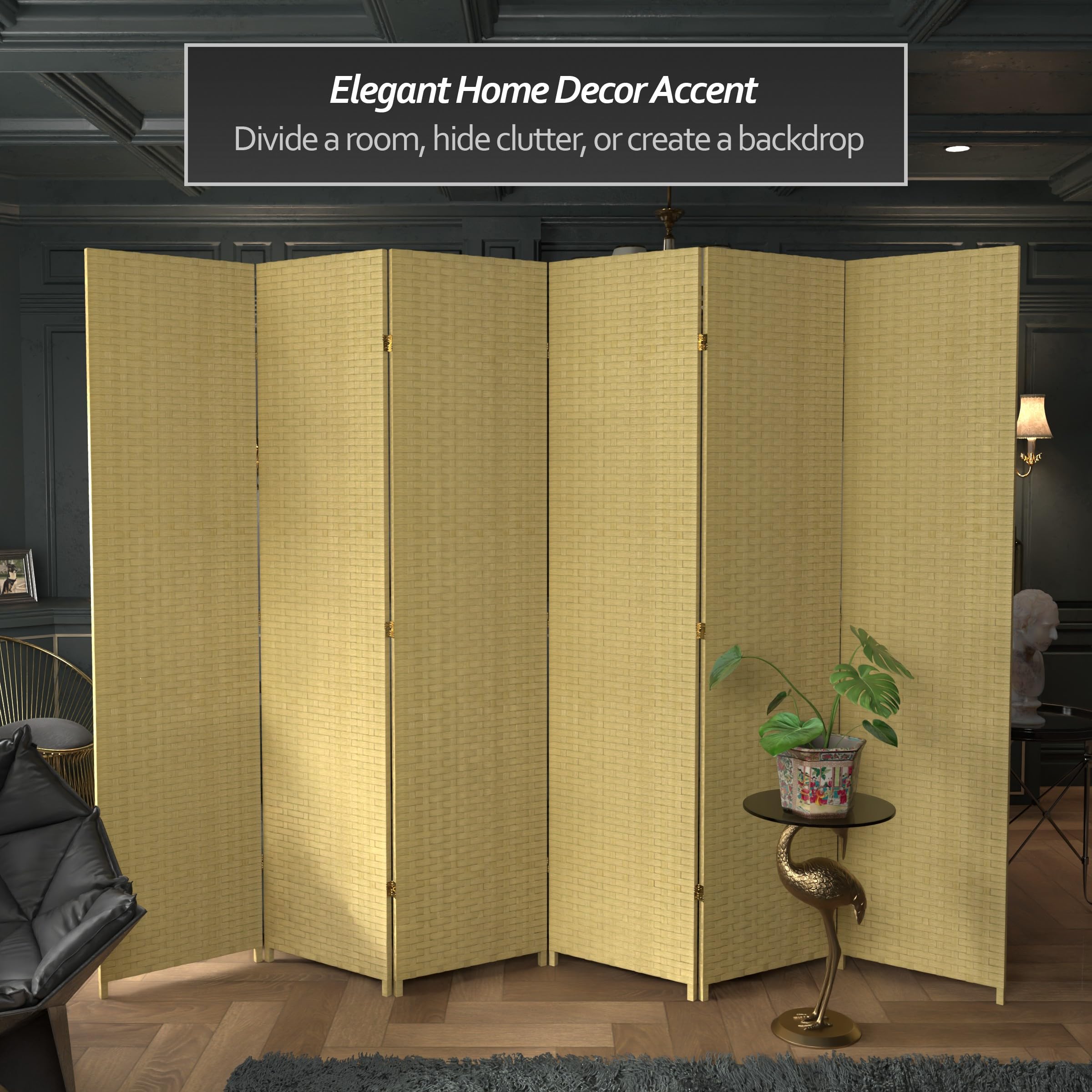 7 ft Tall Red Lantern Woven Fiber Dark Beige 6-Panel Room Divider - Perfect for Home Office, Living Room & Bedroom Privacy