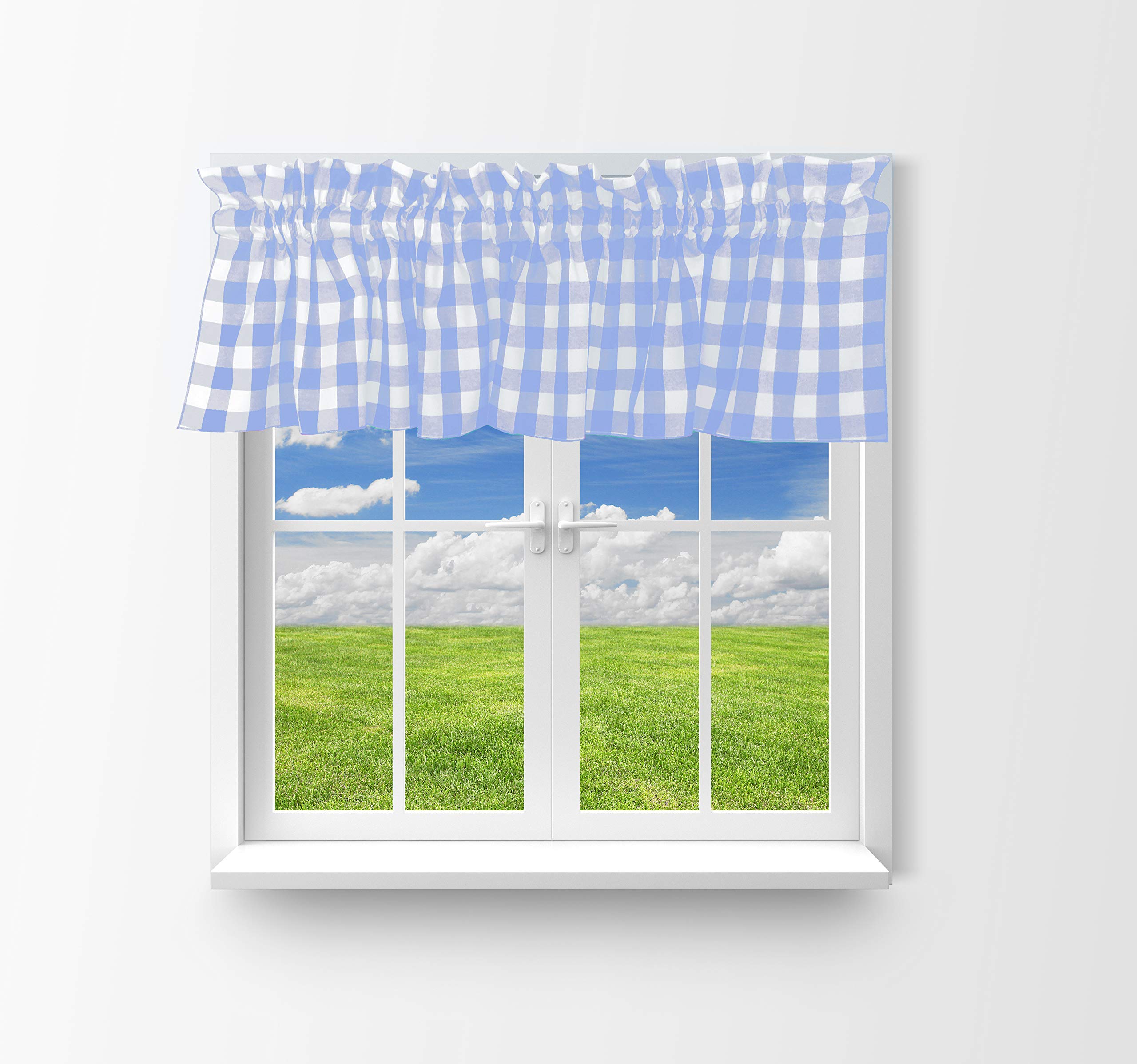 Gingham Checkered Cotton Window Valance - Light Blue Home Décor for Bedroom, Nursery & Kitchen (58