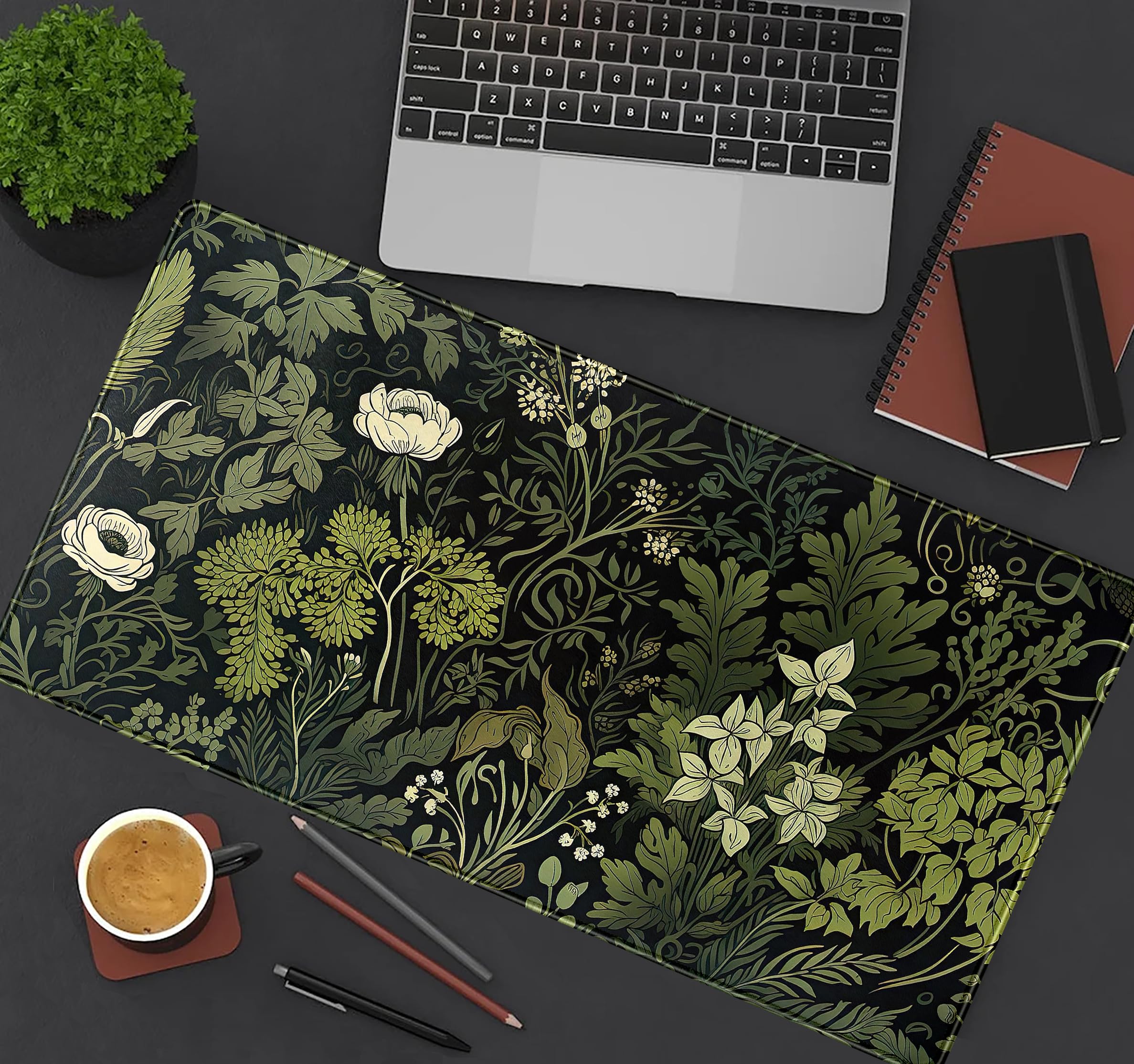 Large XXL Green Leaves Desk Mat - Beige Plants Mouse Pad with Fresh Foliage Design, 31.5x15.75 Inch Extended Keyboard Mat for Laptop & Wireless Mouse - Aesthetic Black Desktop Mat for Office, Home or Gift (Perfect for Women's Workspace & Home Decor)