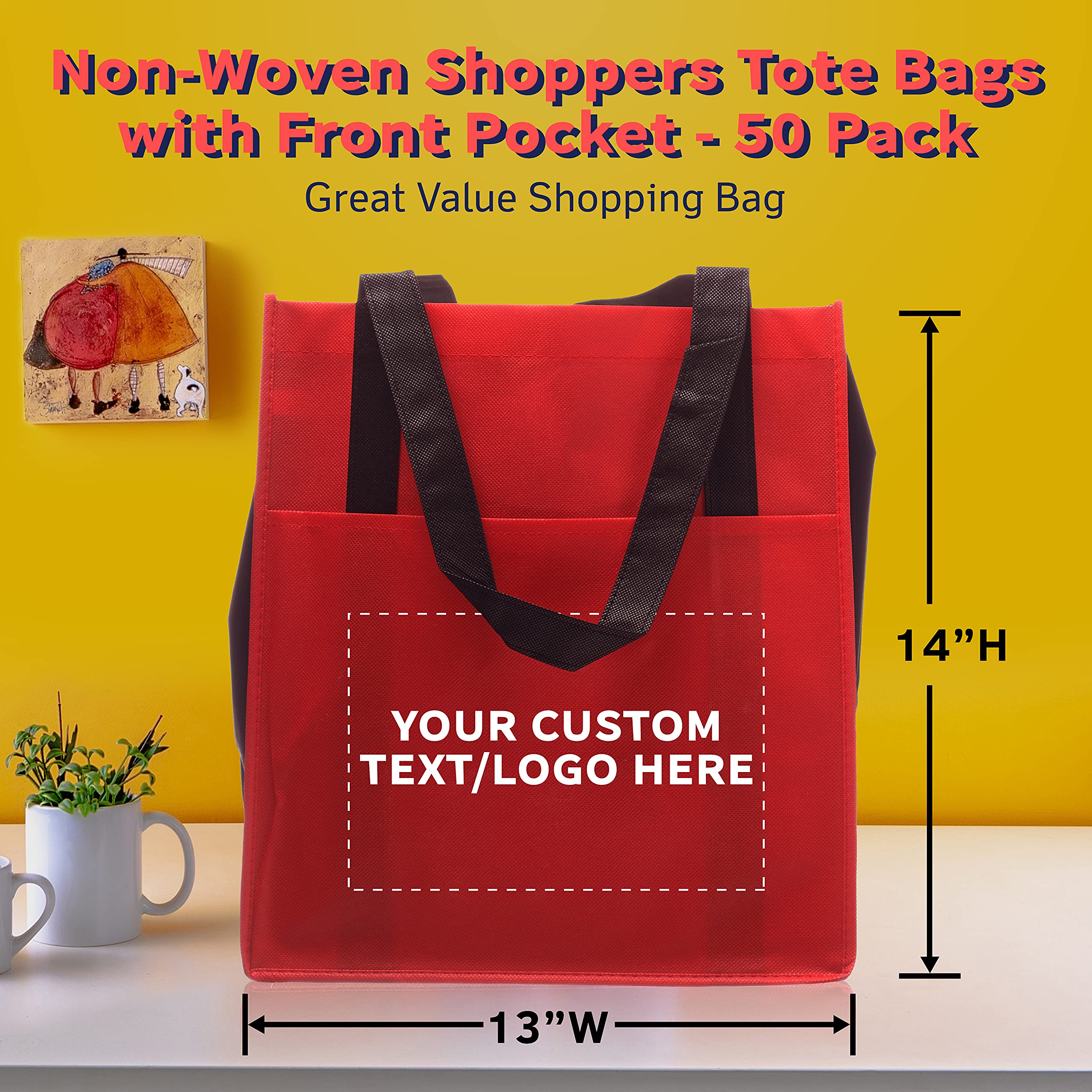 50 Pack Customizable Non-Woven Reusable Tote Bags with Front Pocket - Eco-Friendly Shopping Bags for Grocery, Beach, Promotions & Events (Red, Two Tone, 13