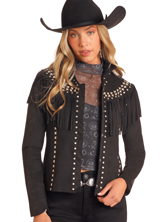 Women's Micro Suede Fringe Jacket - Panhandle DW92C04156 Black Western Style Coat for Casual Outings & Country Music Festivals