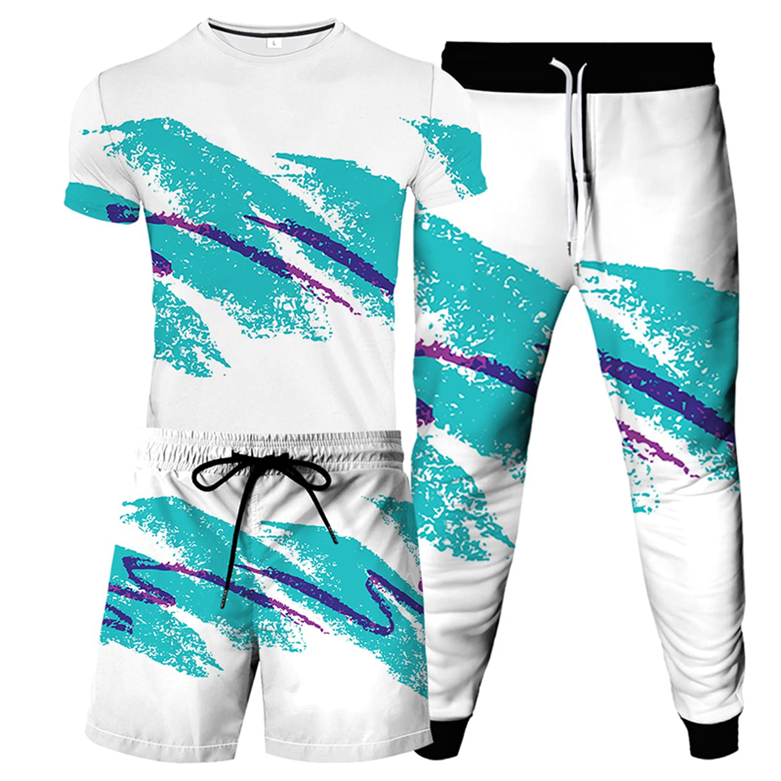 URVIP Men's 3-Piece Tie-Dye Printed T-Shirt & Sweatpants Set - Casual Lounge & Gym Outfit - Matching Tracksuit for Summer Streetwear & Home Comfort