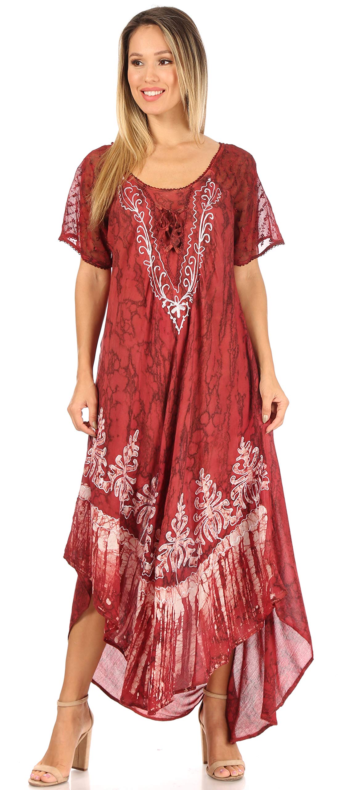 Sakkas Ronny Lace Embroidered Cap Sleeve Tie Dye Caftan Dress - Boho Beach Cover Up for Women, Summer Vacation & Pool Party Wear