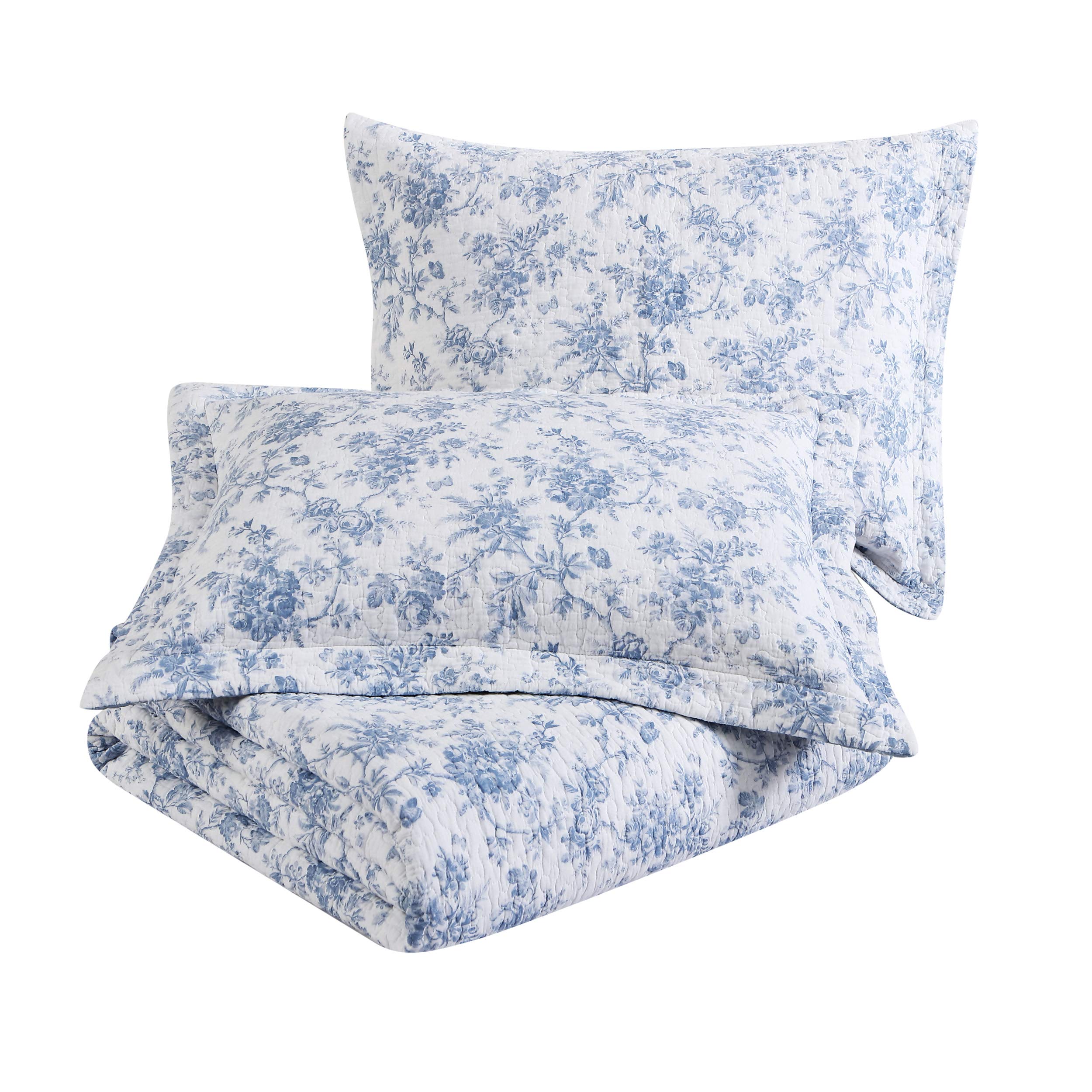 Laura Ashley Home - Reversible Floral Cotton Full/Queen Quilt Set with Matching Shams | Walled Garden Blue | All-Season Bedding for Cozy Bedroom Decor | Perfect for Master Bedrooms, Guest Rooms & Vacation Homes