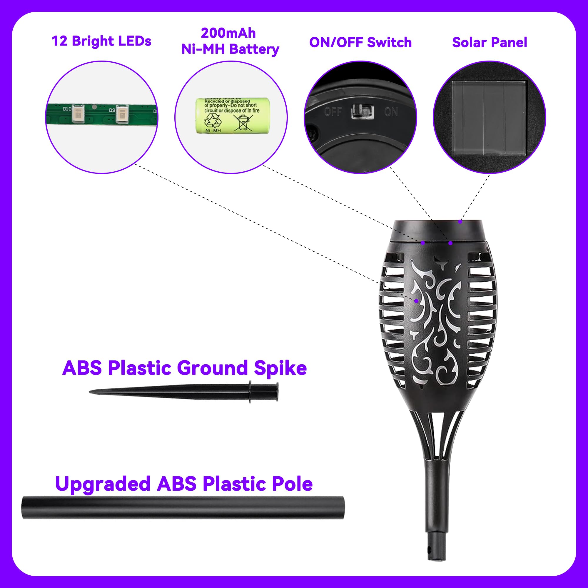 12 Pack Purple Solar Powered Tiki Torch Lights - Waterproof Outdoor Christmas Decorations with Realistic Flickering Flame - Perfect for Patio, Garden, Pathway & Holiday Lighting