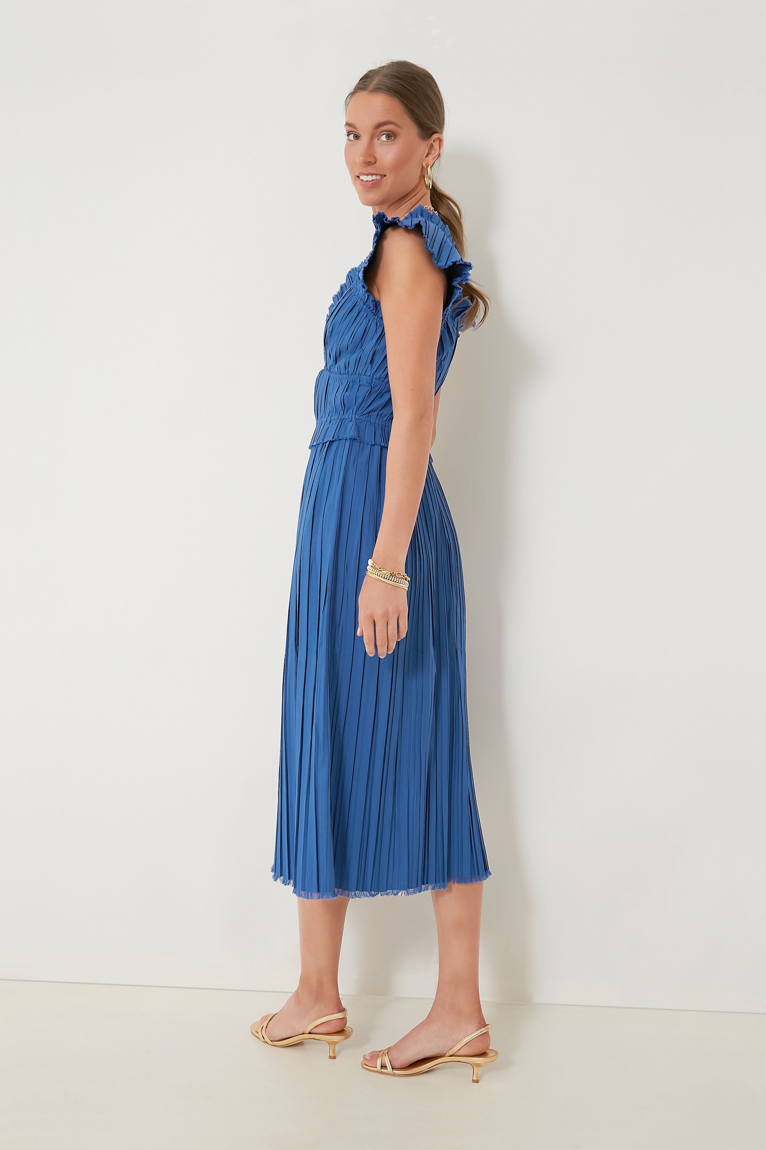 Blue Greir Pleating Flutter Sleeve V-Neck Dress - Elegant Summer Dress for Women, Perfect for Parties, Weddings & Date Nights