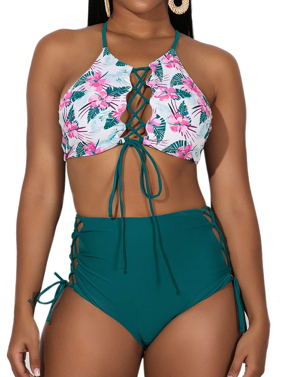 GIRLANDSEA Women's African Print Backless Bikini Set - High Waist Tankini Top & Strap Swimsuit Bottom | Tropical Beach Vacation, Pool Party, Summer Swimwear