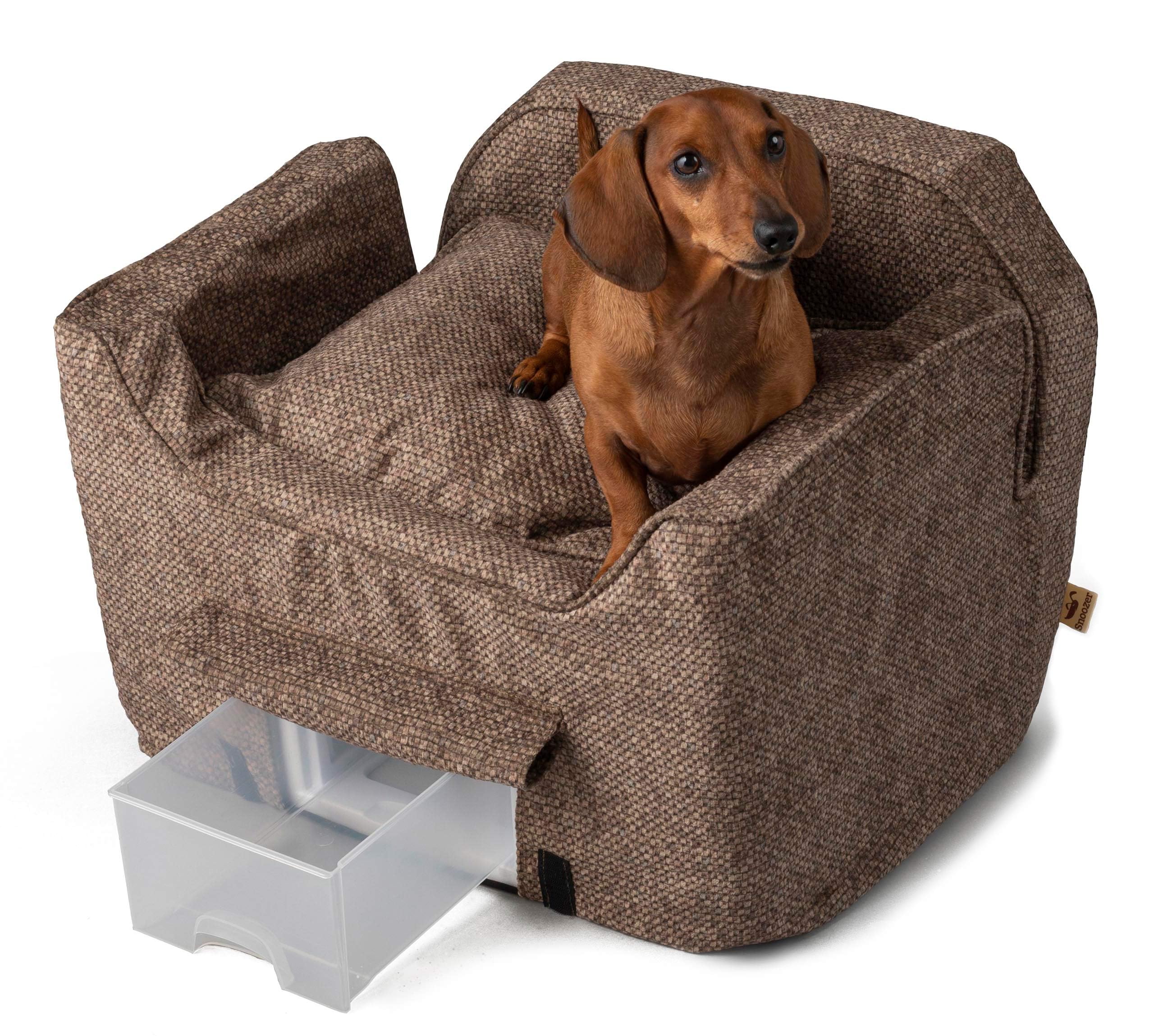 Snoozer Lookout II Medium Dog Car Seat for Small Dogs Under 25lbs - Merlin Camel Pet Car Seat with Storage Tray | Washable Removable Cover | Helps Prevent Car Sickness | Perfect for Road Trips & Vet Visits