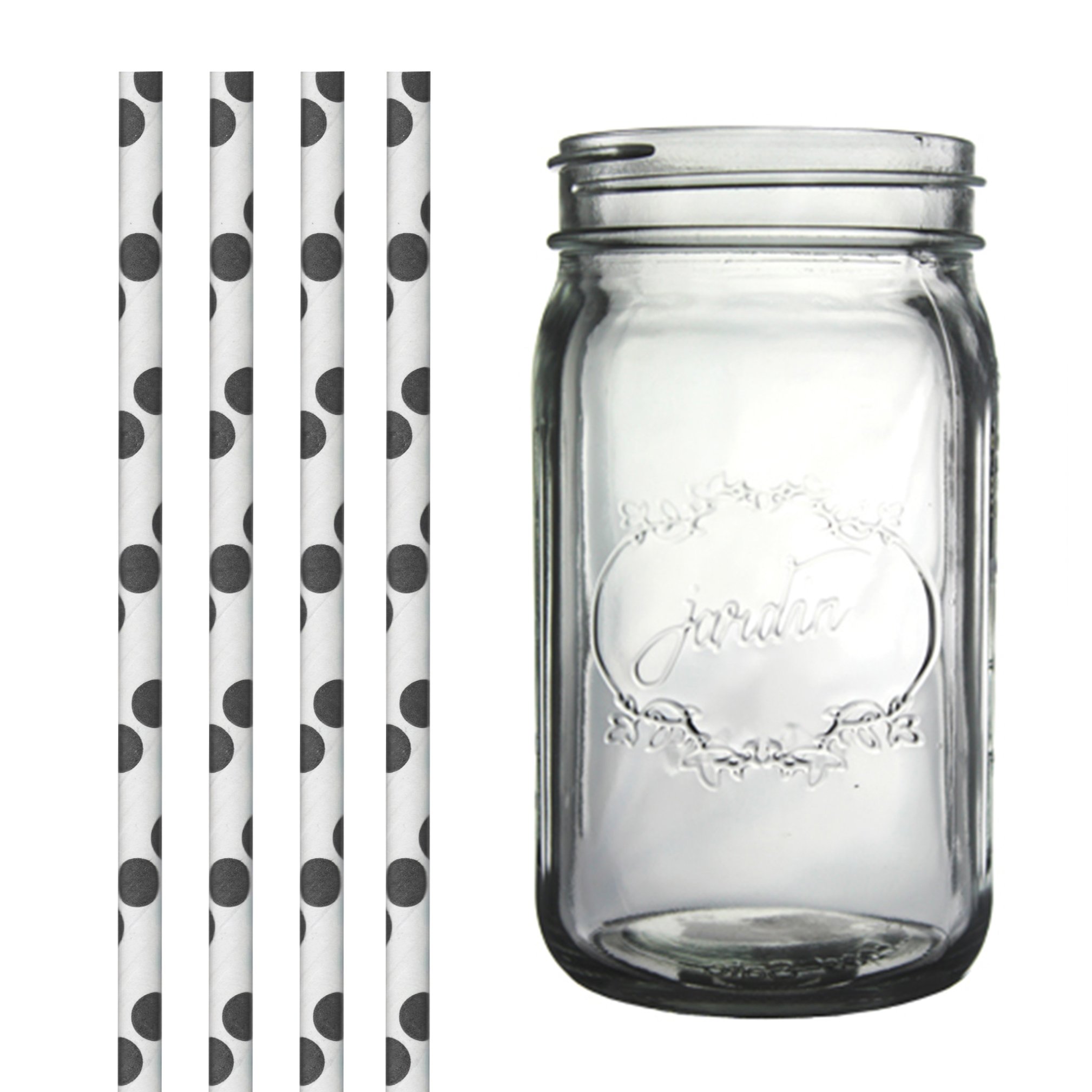 Vintage Clear Mason Jar with Black Polka Dot Straws - 32oz Glass Drinking Cup for Iced Coffee, Lemonade & Smoothies - Perfect for Parties, Picnics & Home Decor