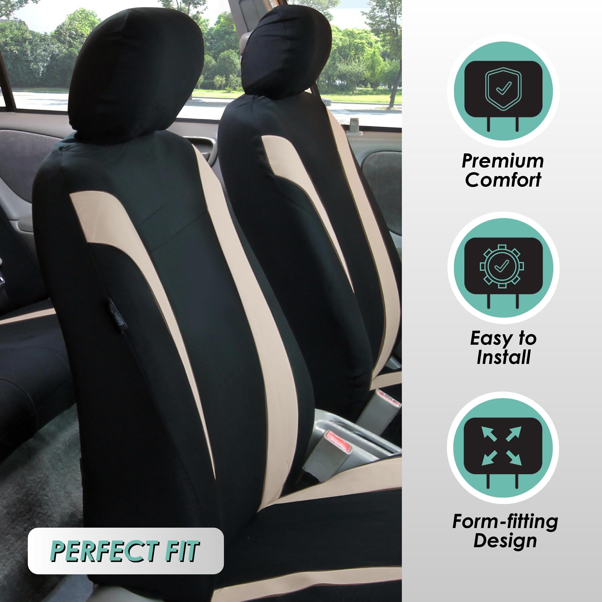 FH Group Universal 3-Row Beige Automotive Seat Covers - Airbag Compatible Split Rear Design for Cars, Trucks & SUVs | Premium Interior Accessories for Comfort & Protection | Perfect for Road Trips, Family Travel & Daily Commute