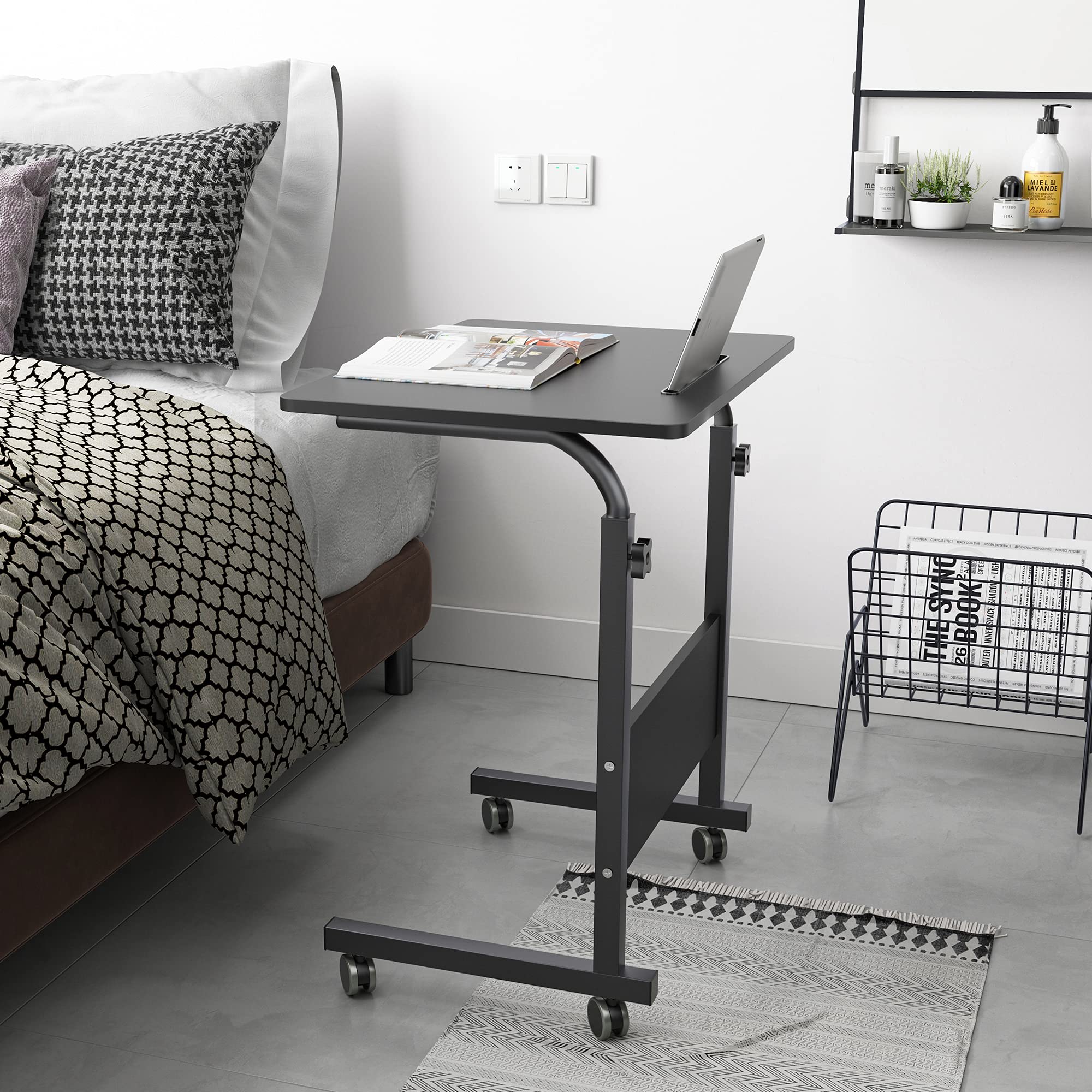 Rolling Laptop Desk Stand Up Desk - Adjustable Mobile Laptop Table with Wheels, DlandHome 23.6 Inch Medium Size Side Table, Portable Stand for Bed Sofa w/Tablet Slot, Black - Perfect for Home Office, Study, and Living Room