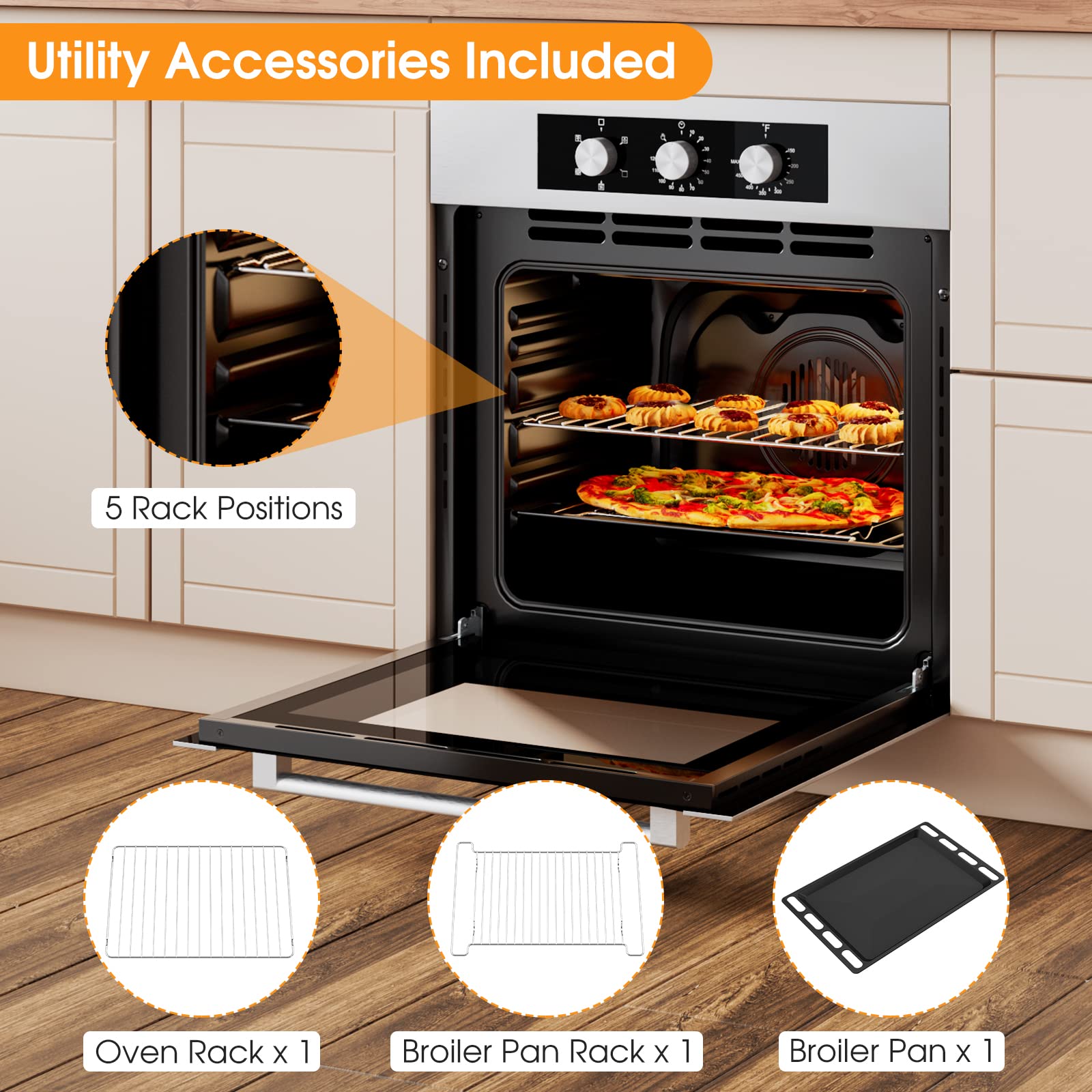 COSTWAY 24 Inch Built-In Electric Wall Oven - 2300W Stainless Steel Single Oven with 2.47 Cu.Ft Capacity, 5 Cooking Modes & 360° Hot Air Circulation - Perfect for Baking, Roasting, and Family Cooking in Modern Kitchens