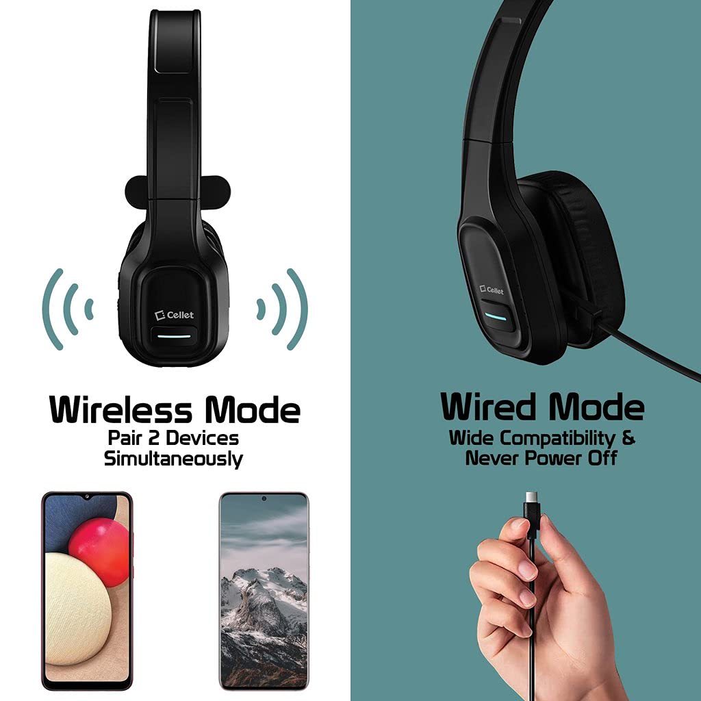 Wireless Bluetooth Headset with Boom Mic for Alcatel A30 - Dual V5.0 Bluetooth & 3.5mm Backup Cable - Noise Cancelling for Truck Drivers & Office Calls (Black) | Perfect for Long Haul Driving & Remote Work