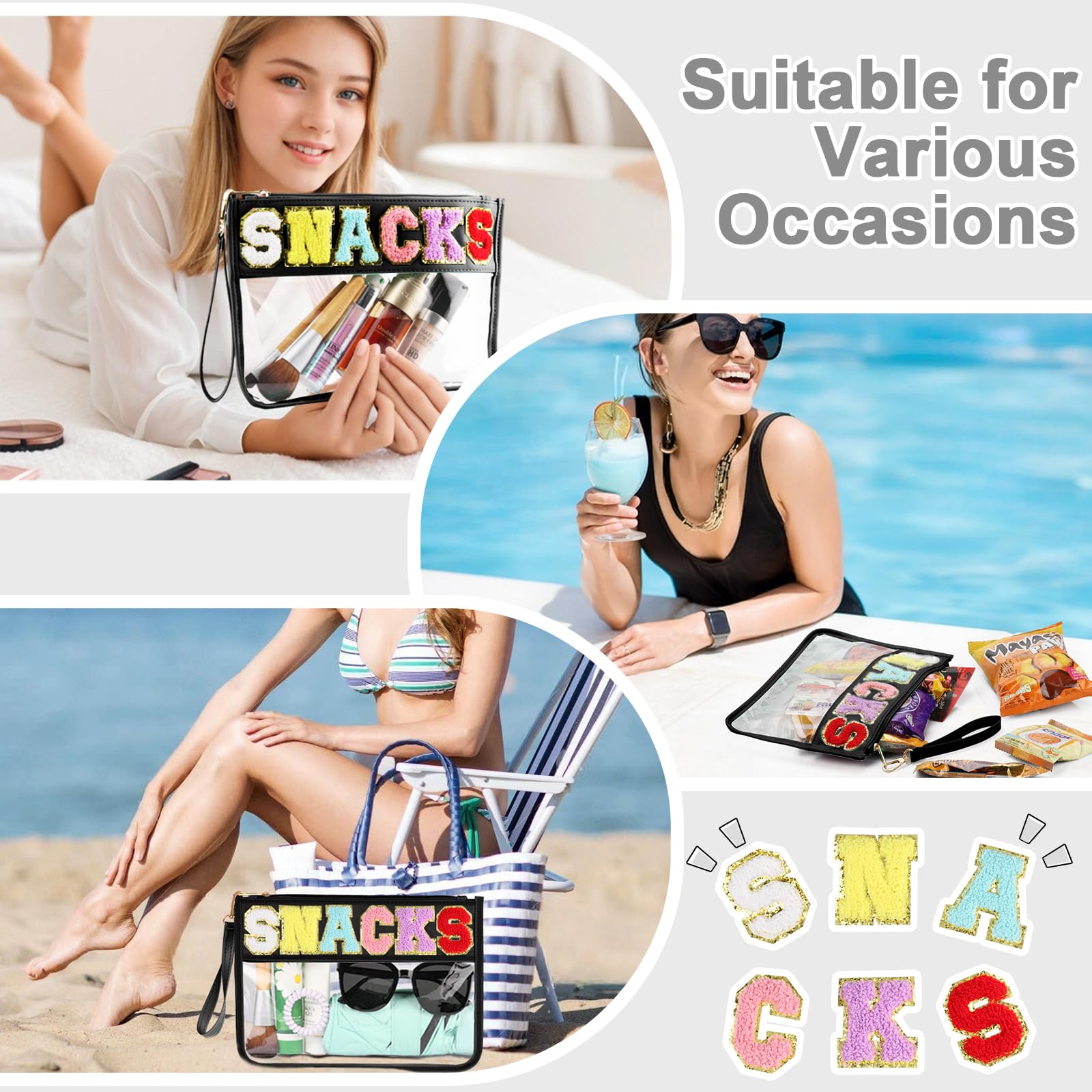 Clear Chenille Varsity Letter Zipper Pouch - Waterproof Nylon Snack & Makeup Bag for Travel | Perfect for School, Gym & Cosmetics Storage (Women & Girls)