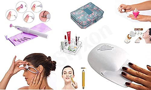Portable 5-in-1 Nail Care Kit with Nail Dryer, Polish Holder & Beauty Tools | 9-Slot Lipstick Organizer, Eyebrow Shaper, Neck Slimmer | Makeup Pouch & Toiletry Set for Travel & Home Salon Use (8-Piece Beauty Combo)